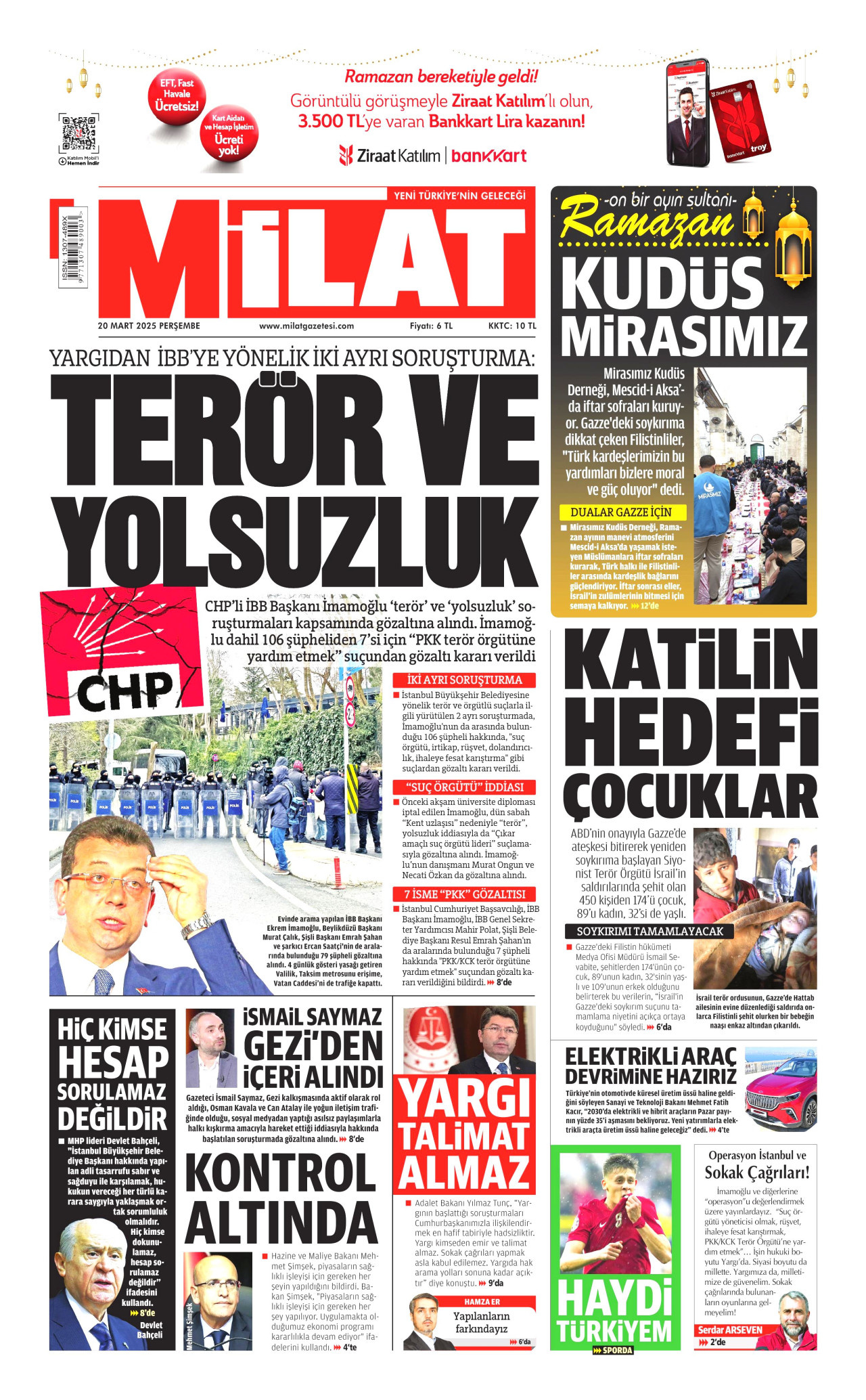 MİLAT gazetesinin 20 Mart 2025 tarihli birinci sayfası
