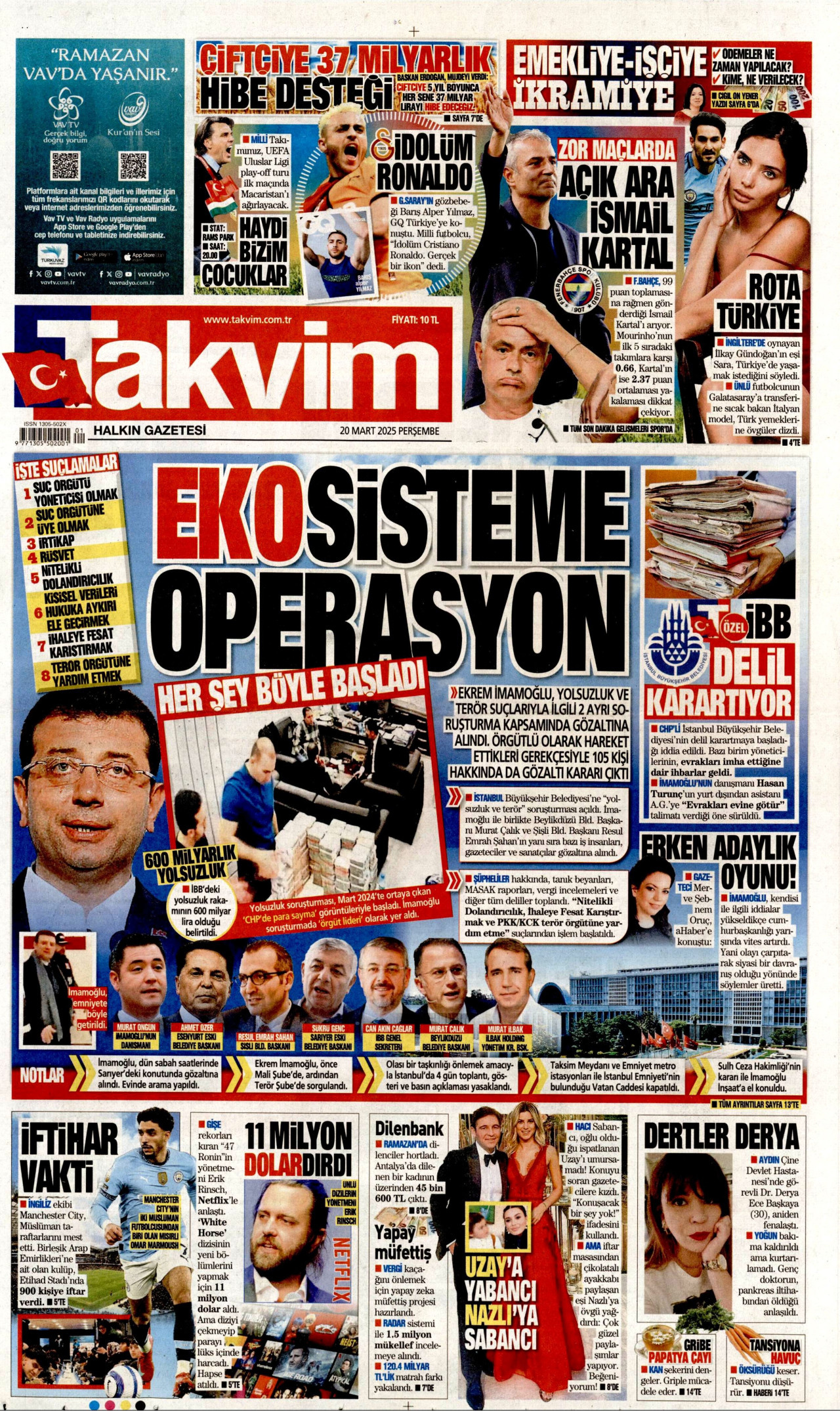 TAKVİM gazetesinin 20 Mart 2025 tarihli birinci sayfası
