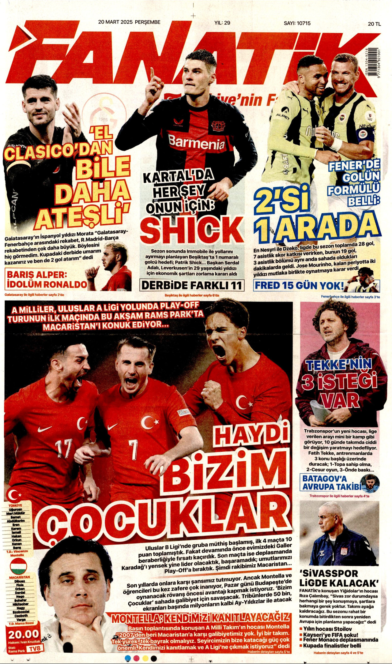 FANATİK gazetesinin 20 Mart 2025 tarihli birinci sayfası