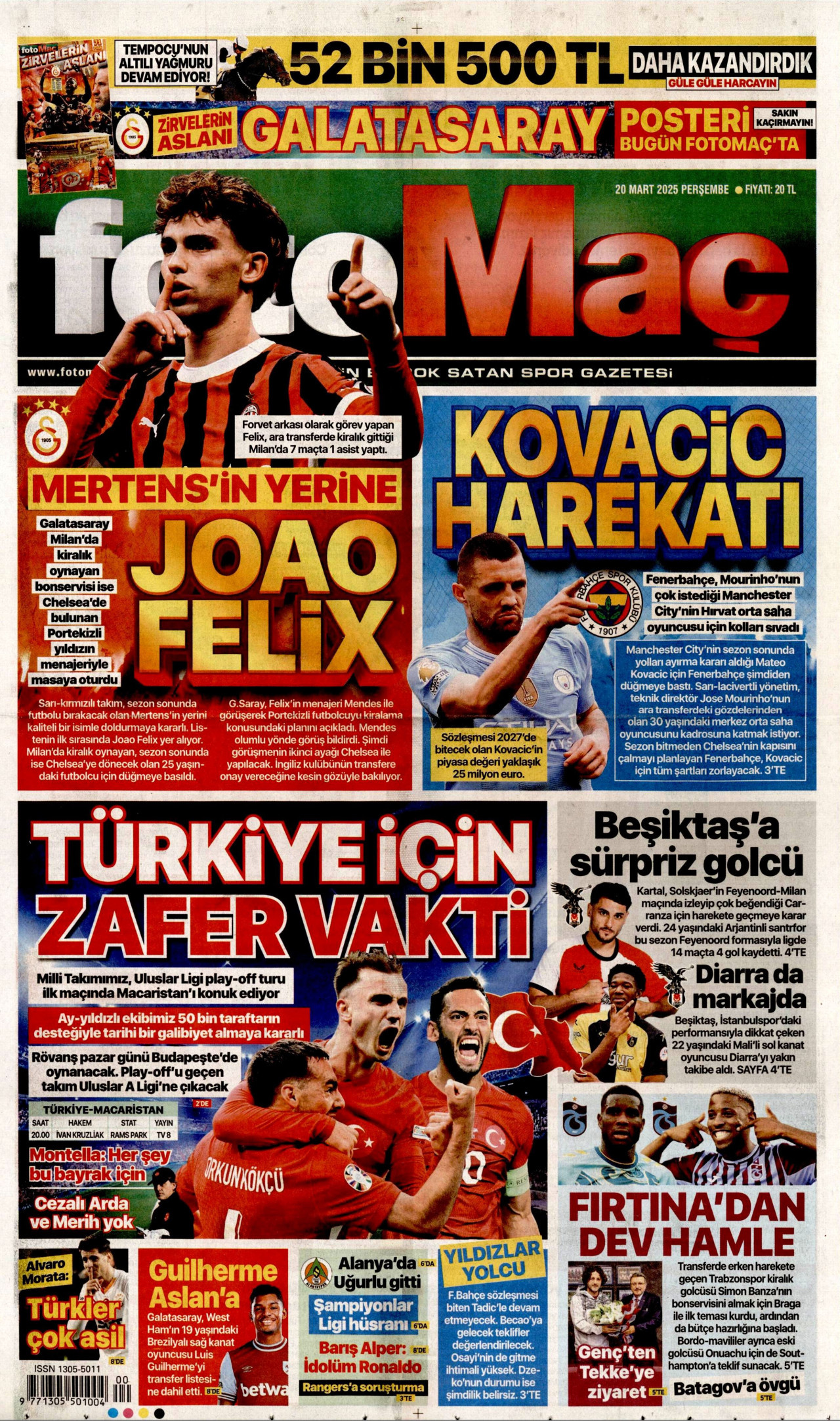 FOTOMAÇ gazetesinin 20 Mart 2025 tarihli birinci sayfası