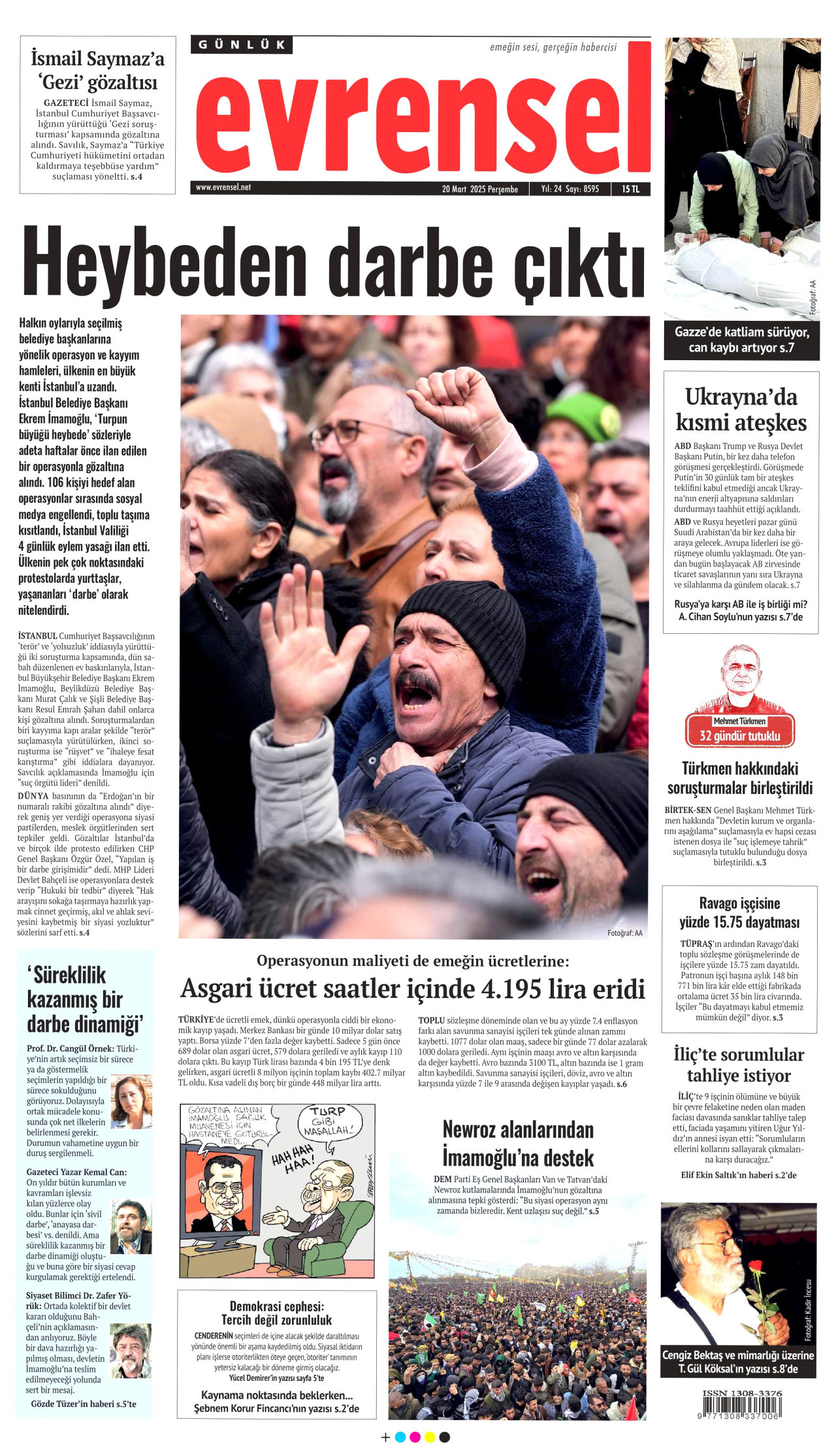 EVRENSEL gazetesinin 20 Mart 2025 tarihli birinci sayfası