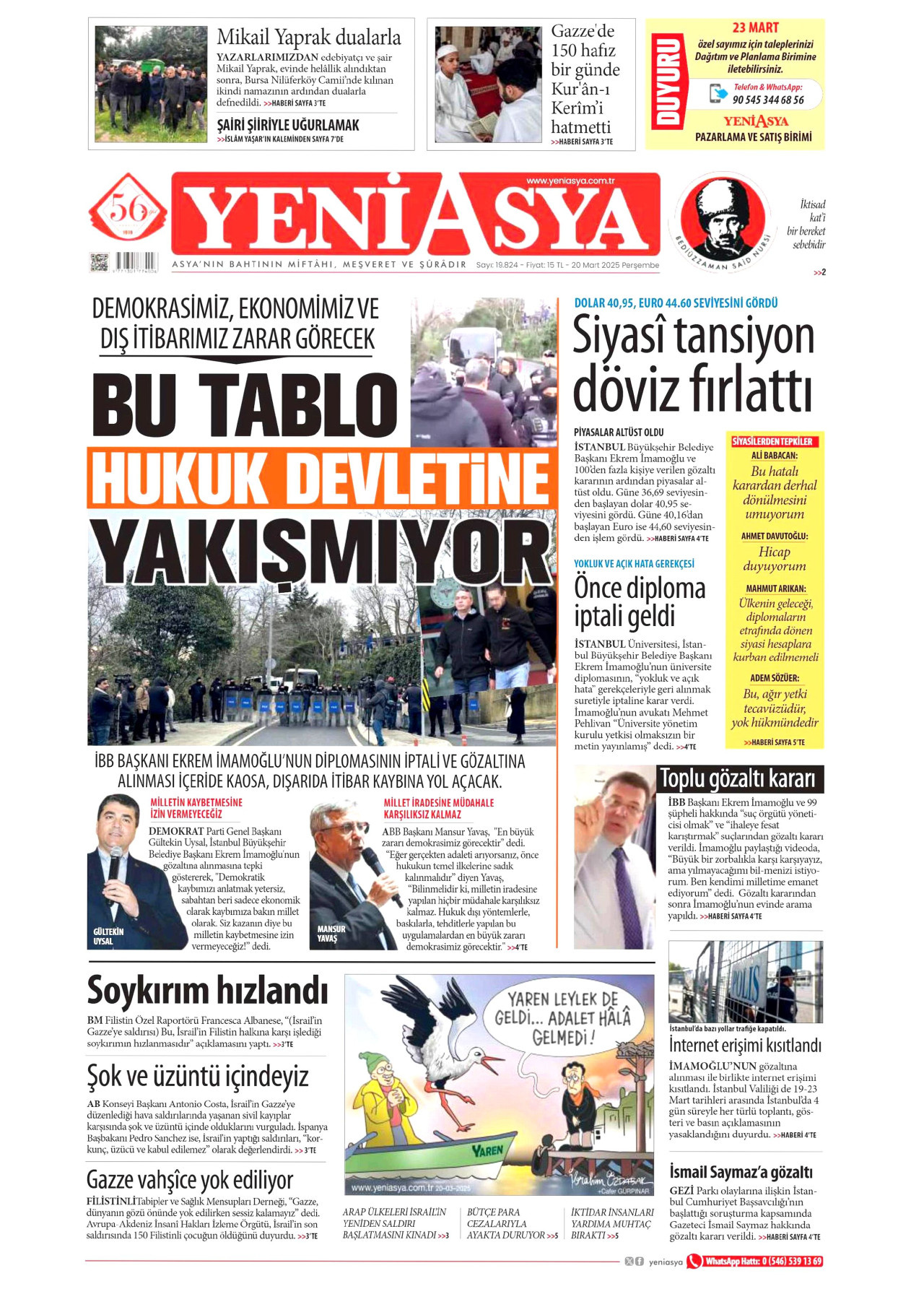 YENİ ASYA gazetesinin 20 Mart 2025 tarihli birinci sayfası