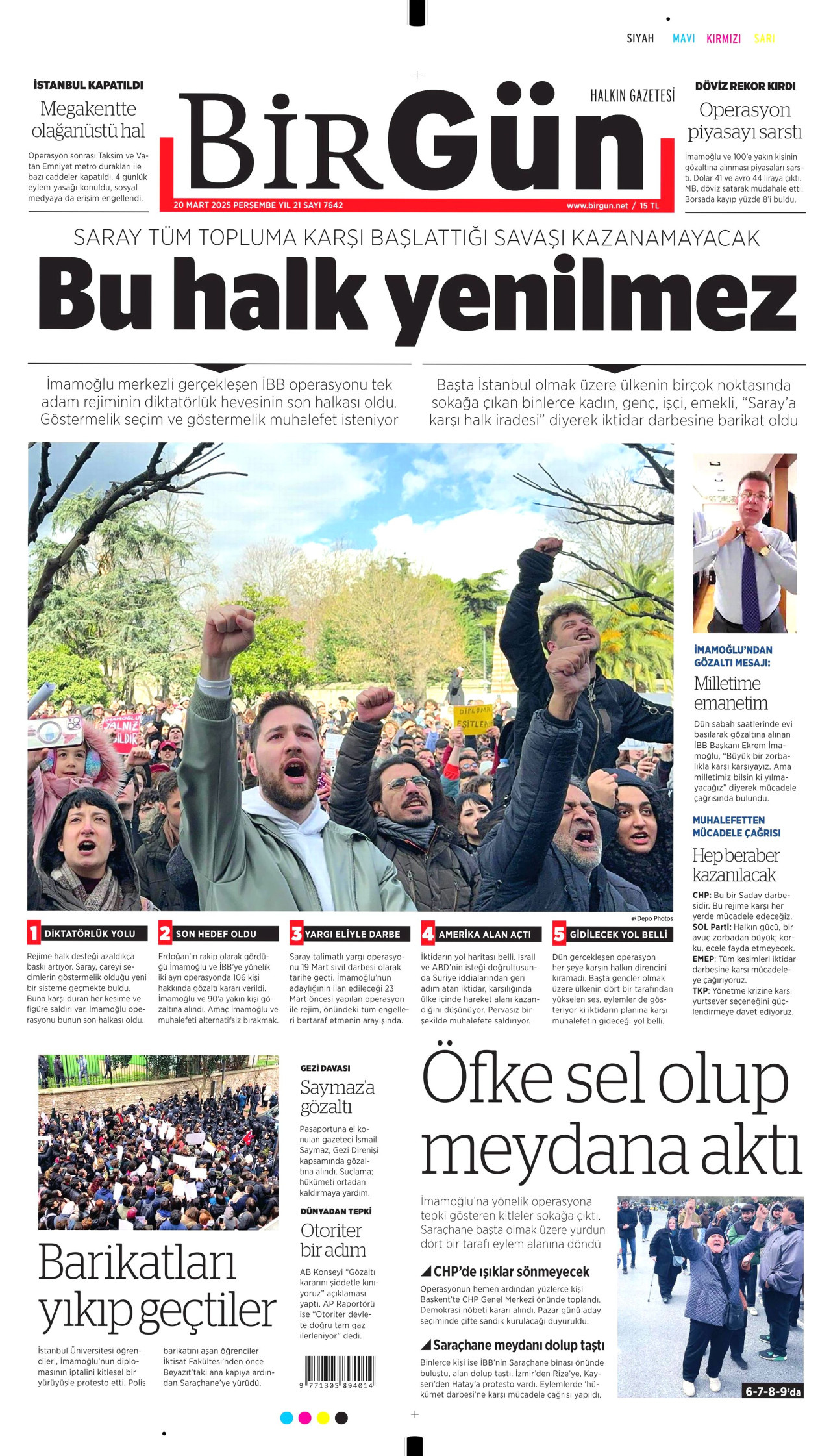 BİRGÜN gazetesinin 20 Mart 2025 tarihli birinci sayfası