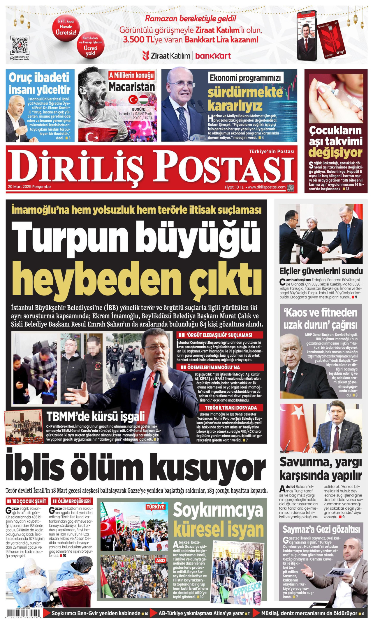 DİRİLİŞ POSTASI gazetesinin 20 Mart 2025 tarihli birinci sayfası