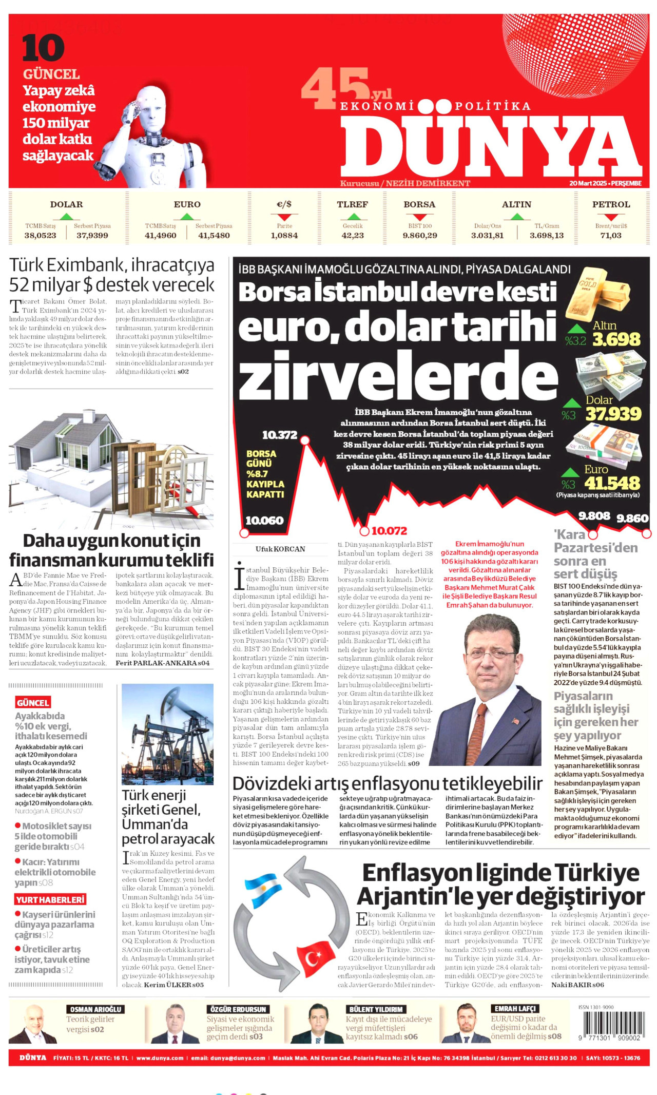 DÜNYA gazetesinin 20 Mart 2025 tarihli birinci sayfası
