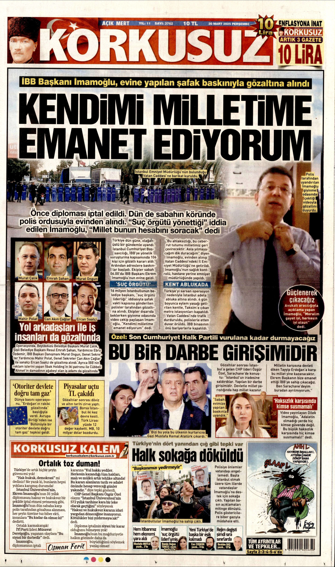 KORKUSUZ gazetesinin 20 Mart 2025 tarihli birinci sayfası
