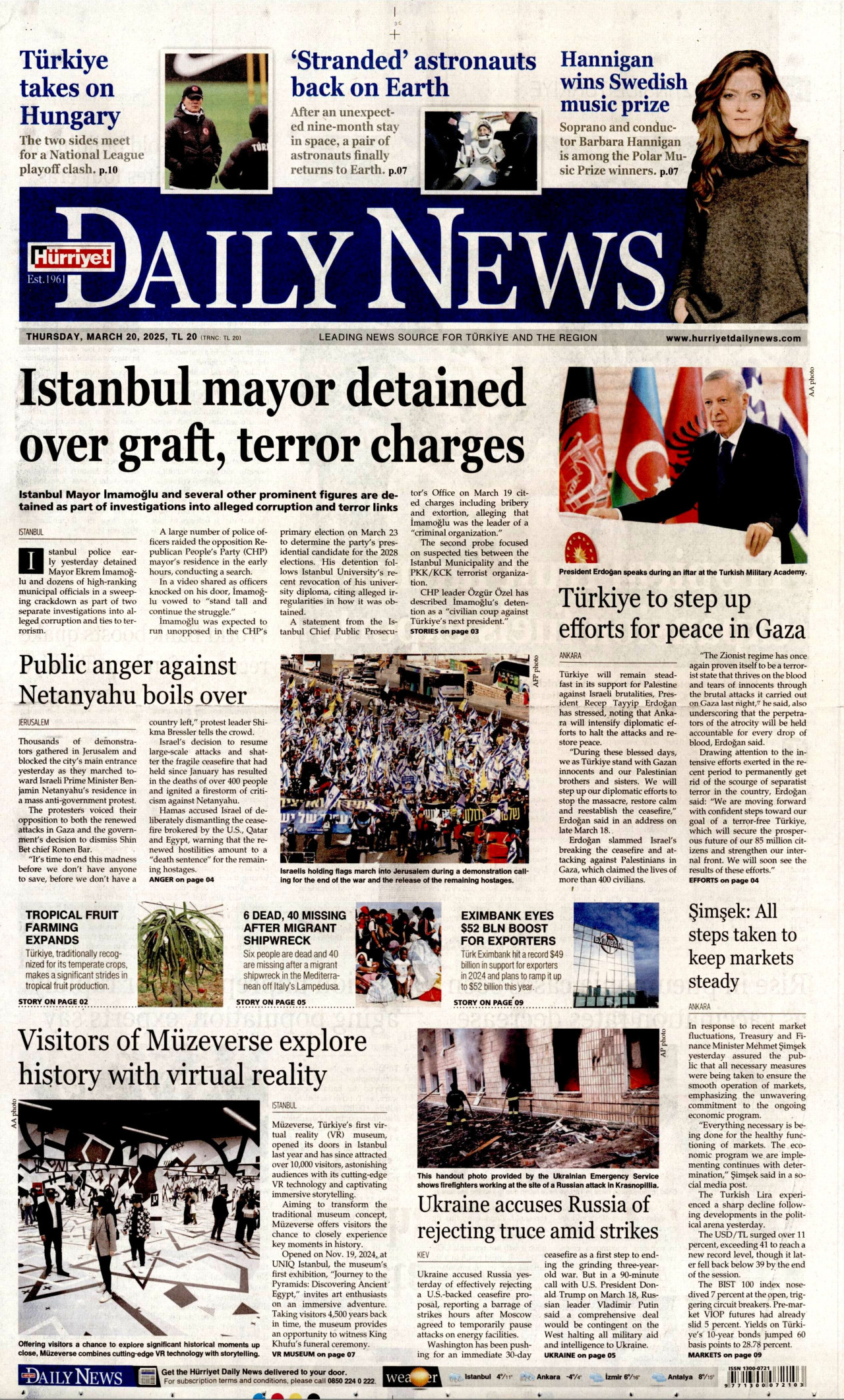 HÜRRİYET DAİLY NEWS gazetesinin 20 Mart 2025 tarihli birinci sayfası