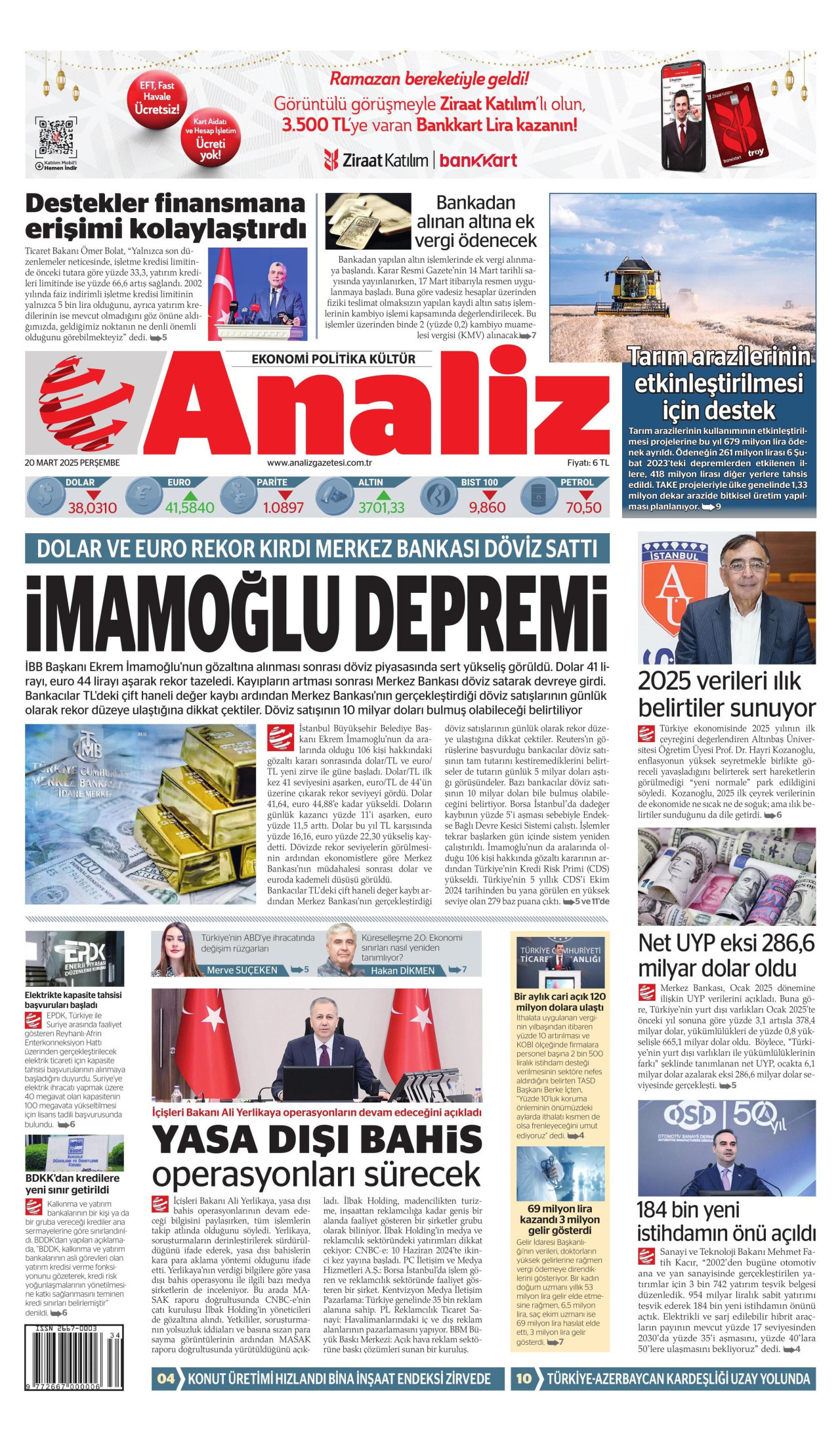 ANALİZ gazetesinin 20 Mart 2025 tarihli birinci sayfası