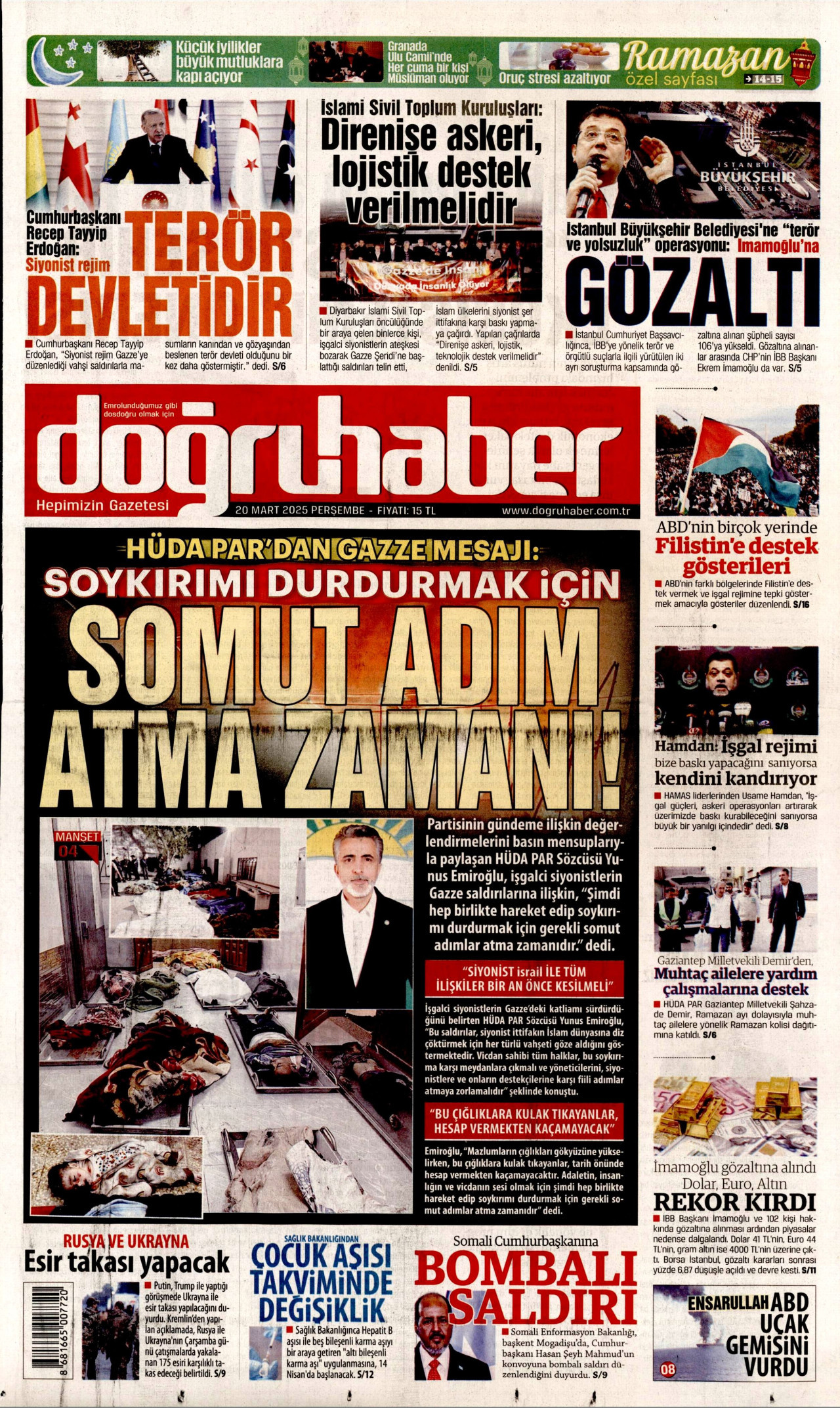 DOĞRU HABER gazetesinin 20 Mart 2025 tarihli birinci sayfası