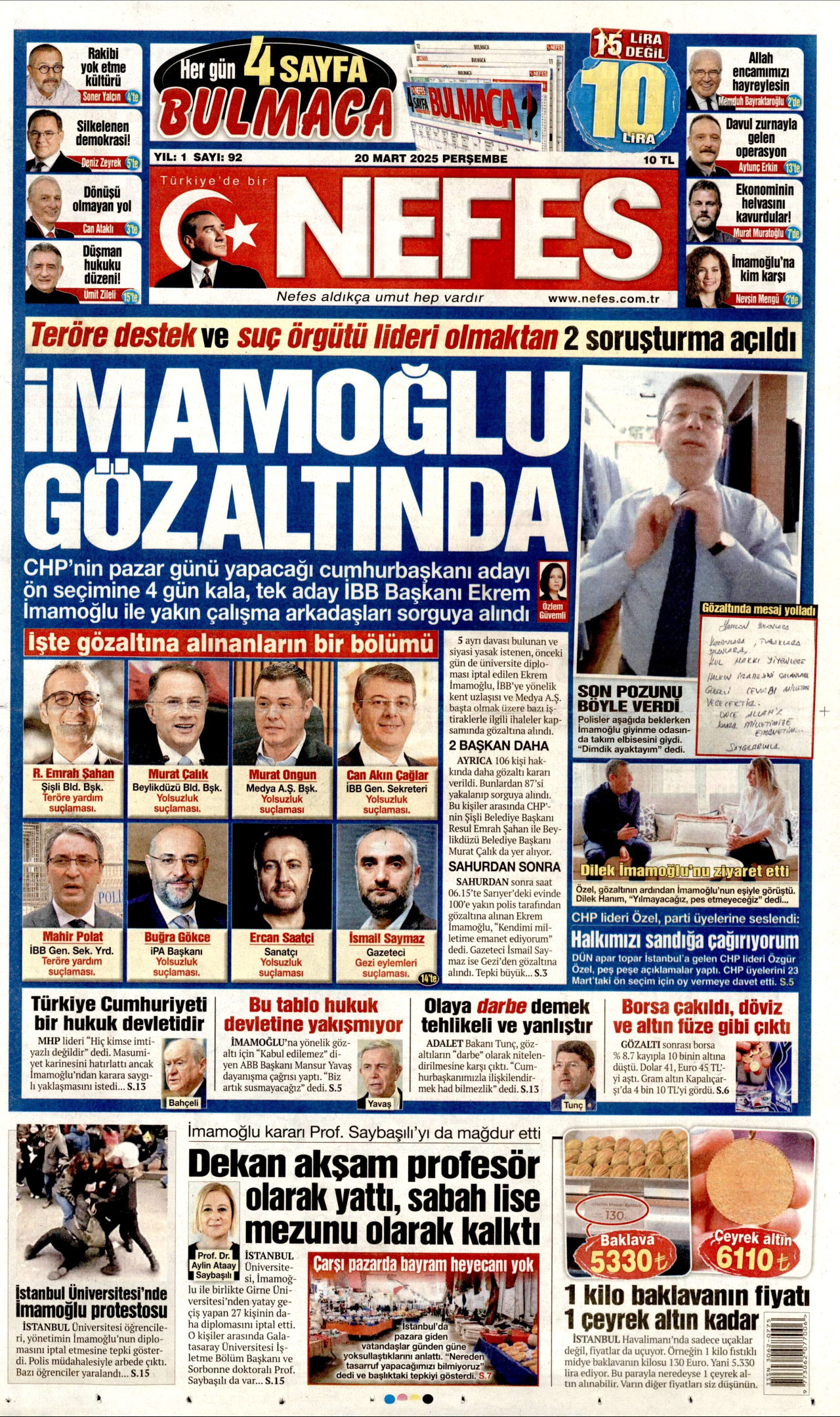NEFES gazetesinin 20 Mart 2025 tarihli birinci sayfası