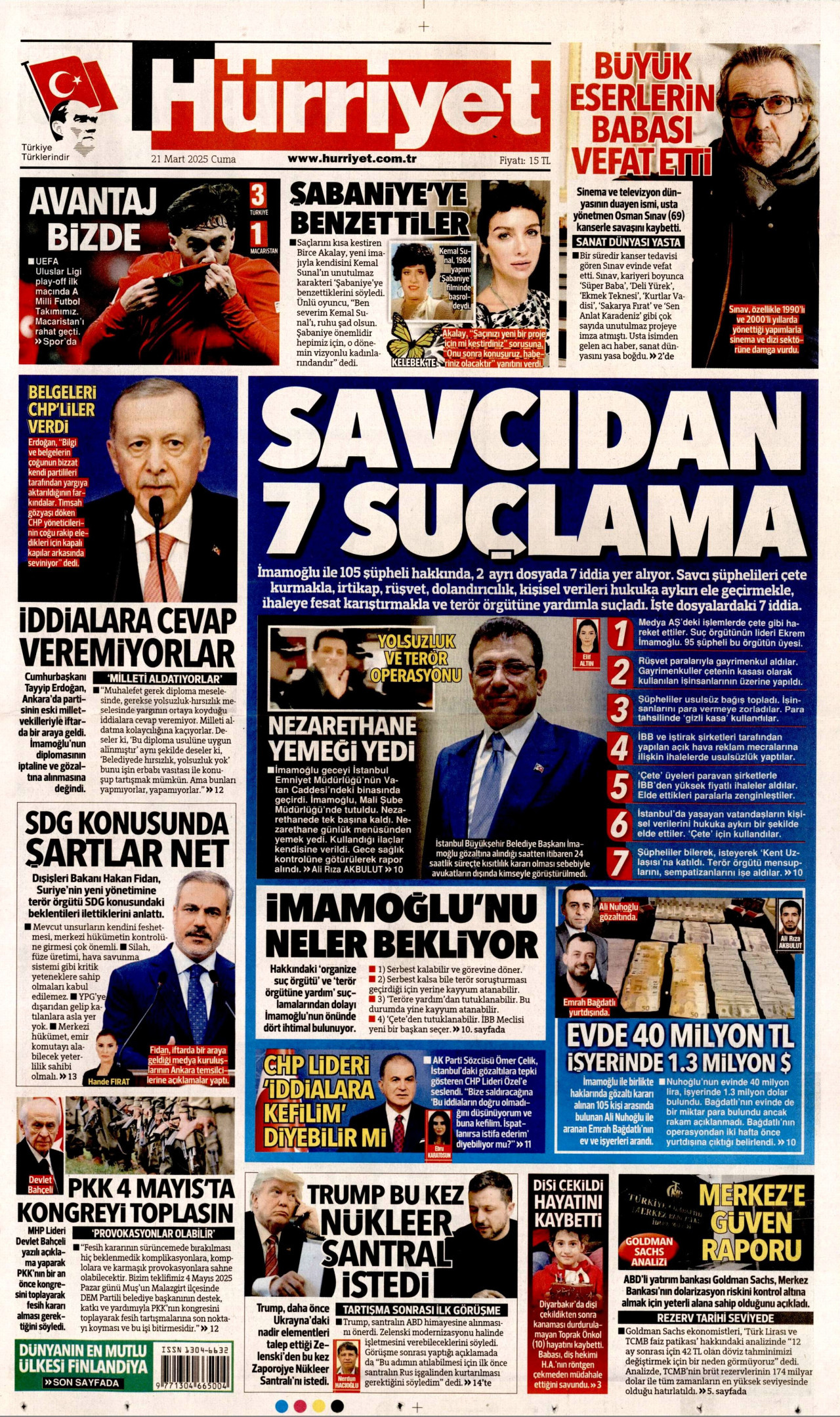 HÜRRİYET gazetesinin 21 Mart 2025 tarihli birinci sayfası