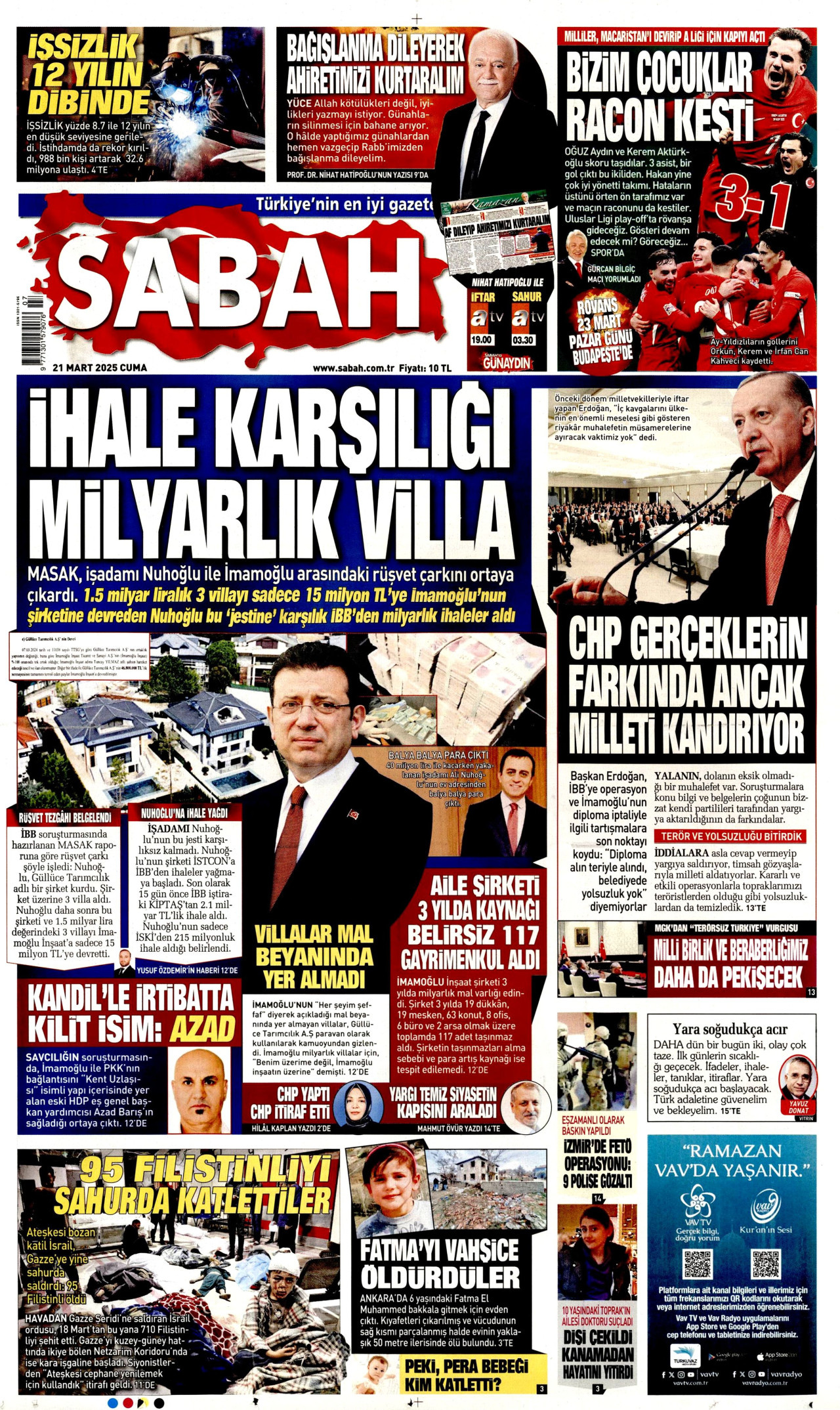 SABAH gazetesinin 21 Mart 2025 tarihli birinci sayfası