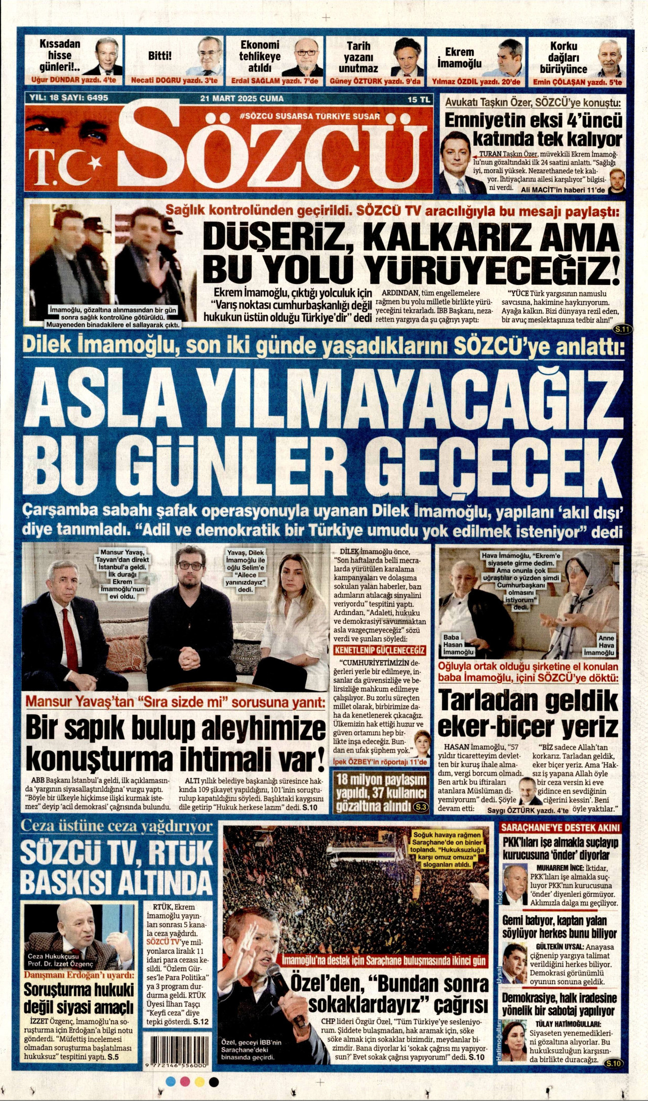 SÖZCÜ gazetesinin 21 Mart 2025 tarihli birinci sayfası