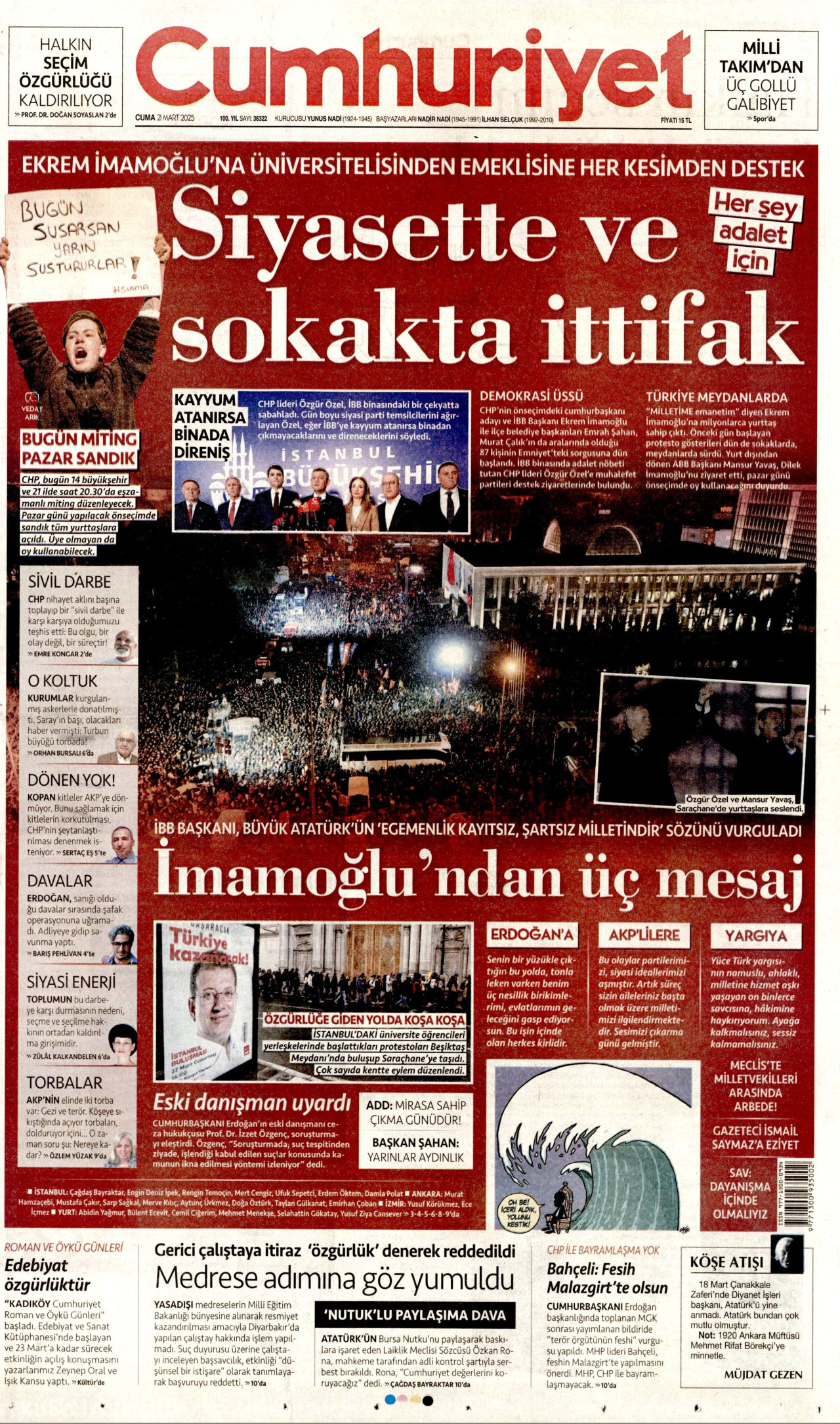 CUMHURİYET gazetesinin 21 Mart 2025 tarihli birinci sayfası