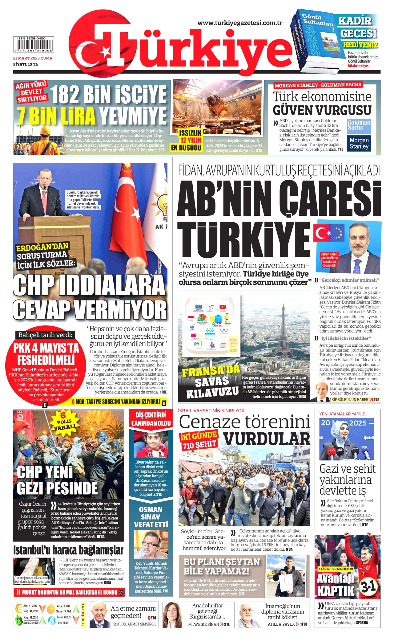 TÜRKİYE GAZETESİ gazetesinin 21 Mart 2025 tarihli birinci sayfası