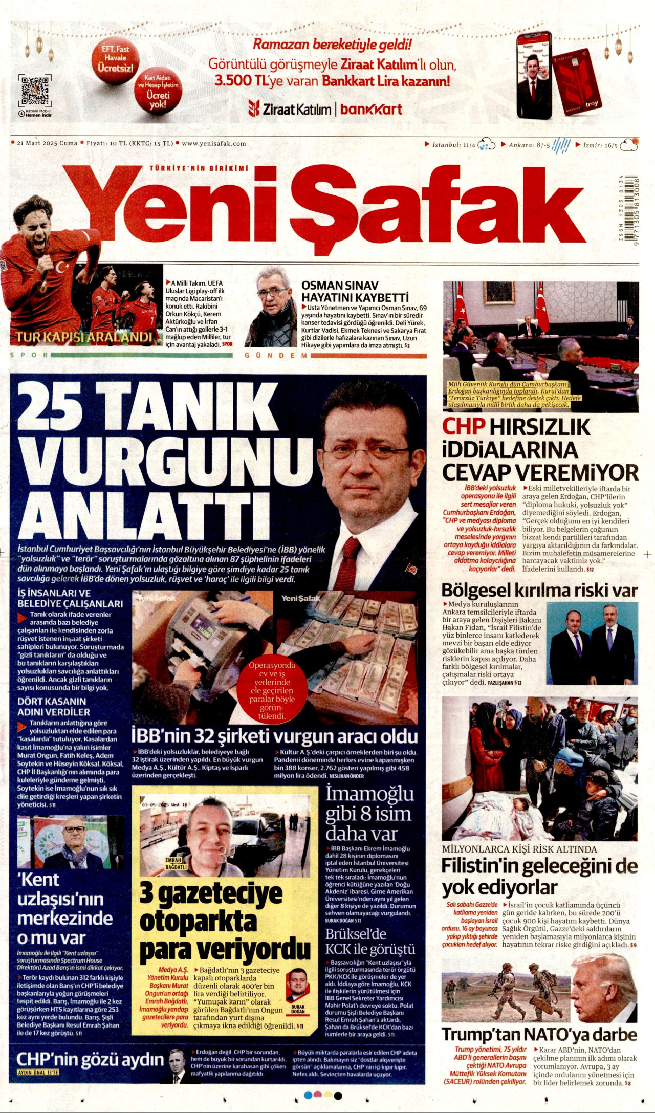 YENİ ŞAFAK gazetesinin 21 Mart 2025 tarihli birinci sayfası