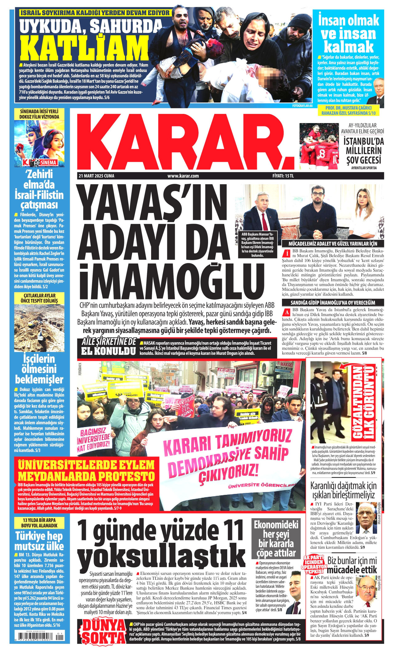 KARAR gazetesinin 21 Mart 2025 tarihli birinci sayfası