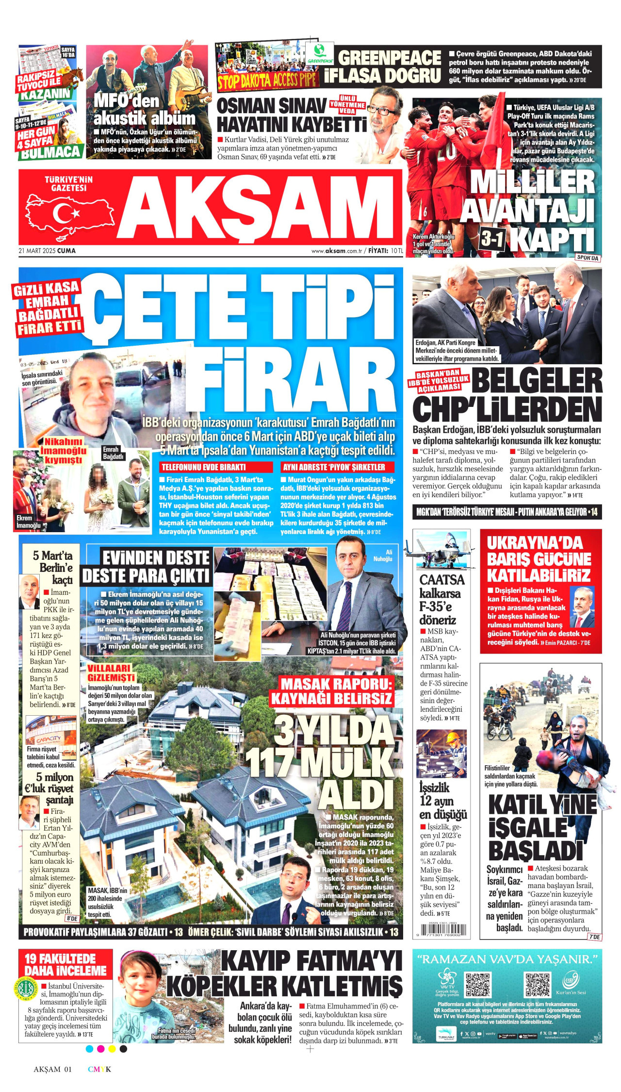AKŞAM gazetesinin 21 Mart 2025 tarihli birinci sayfası