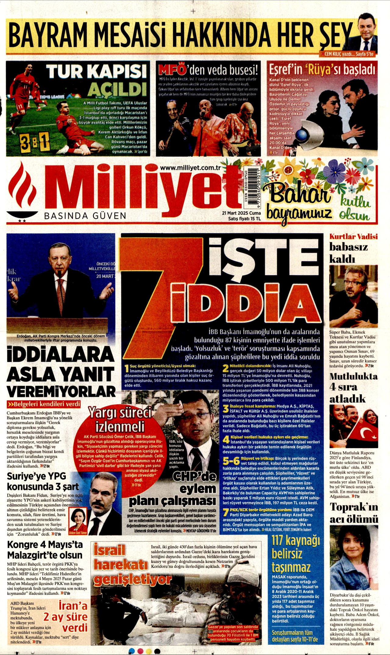 MİLLİYET gazetesinin 21 Mart 2025 tarihli birinci sayfası