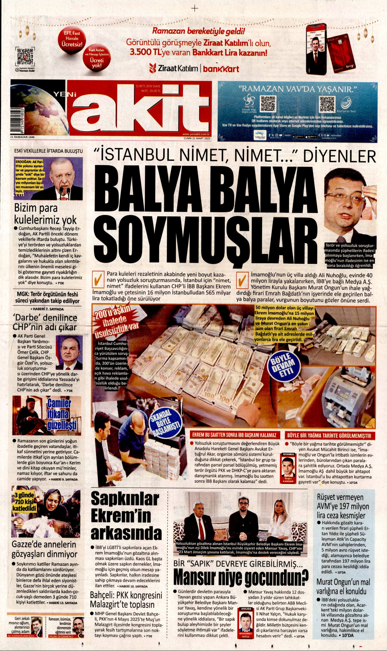 YENİ AKİT gazetesinin 21 Mart 2025 tarihli birinci sayfası