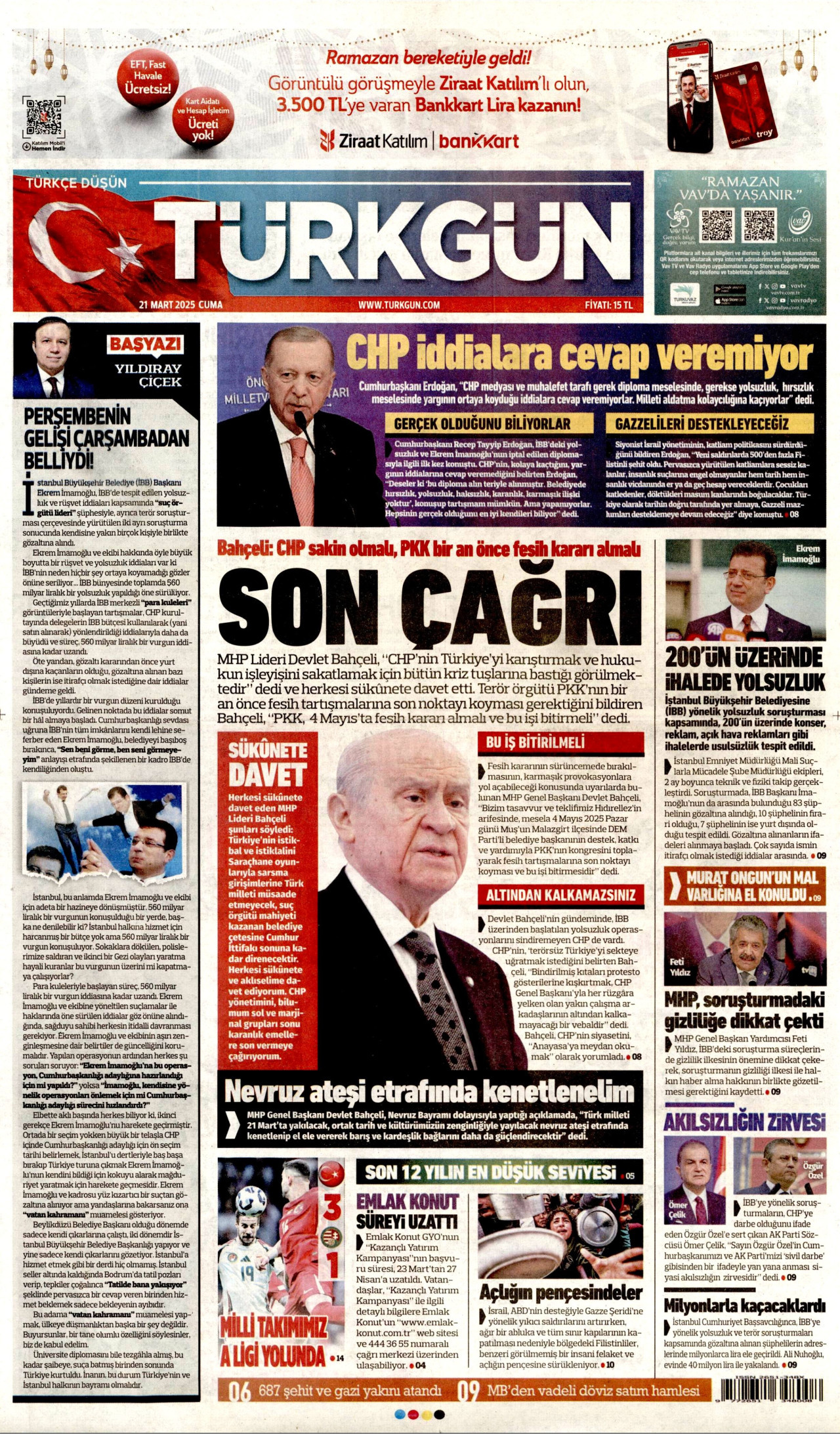 TÜRKGÜN gazetesinin 21 Mart 2025 tarihli birinci sayfası