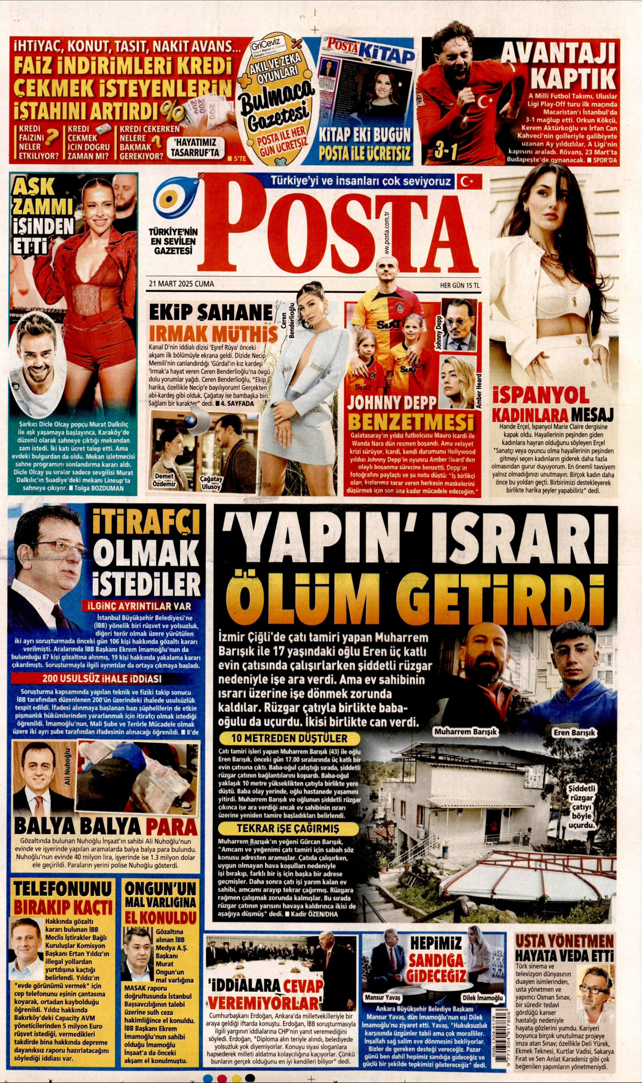 POSTA gazetesinin 21 Mart 2025 tarihli birinci sayfası