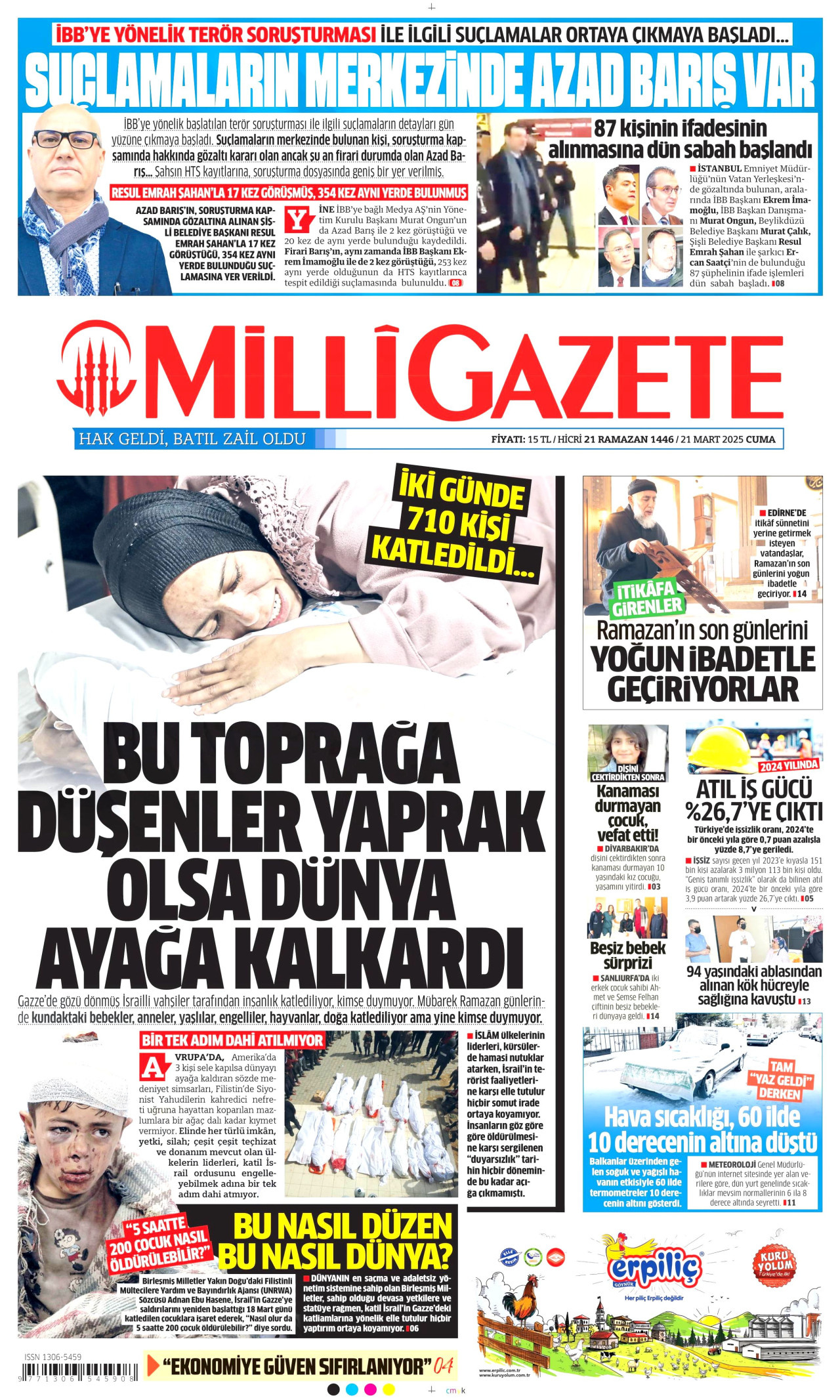 MİLLİ GAZETE gazetesinin 21 Mart 2025 tarihli birinci sayfası