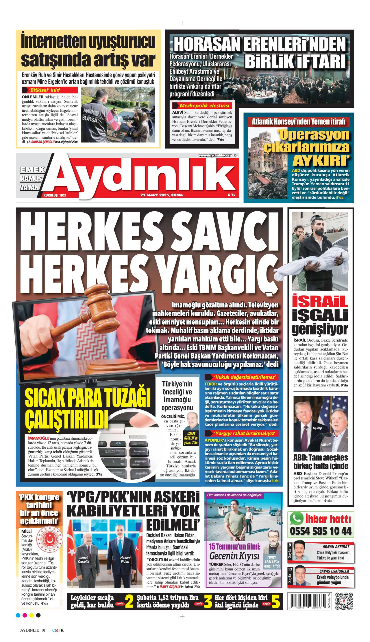 AYDINLIK GAZETESİ gazetesinin 21 Mart 2025 tarihli birinci sayfası