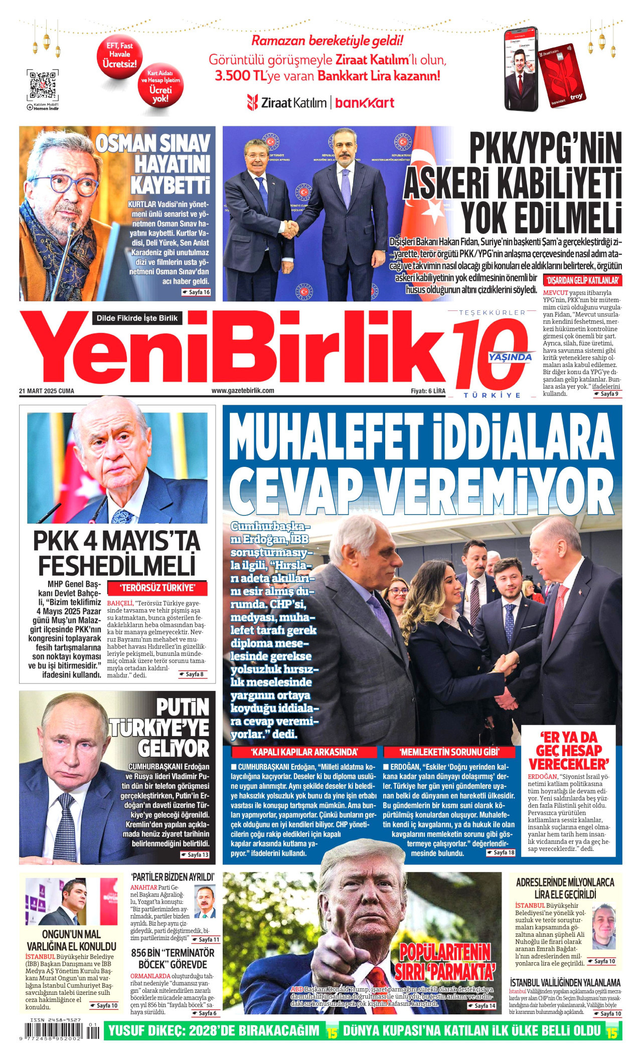 YENİBİRLİK gazetesinin 21 Mart 2025 tarihli birinci sayfası