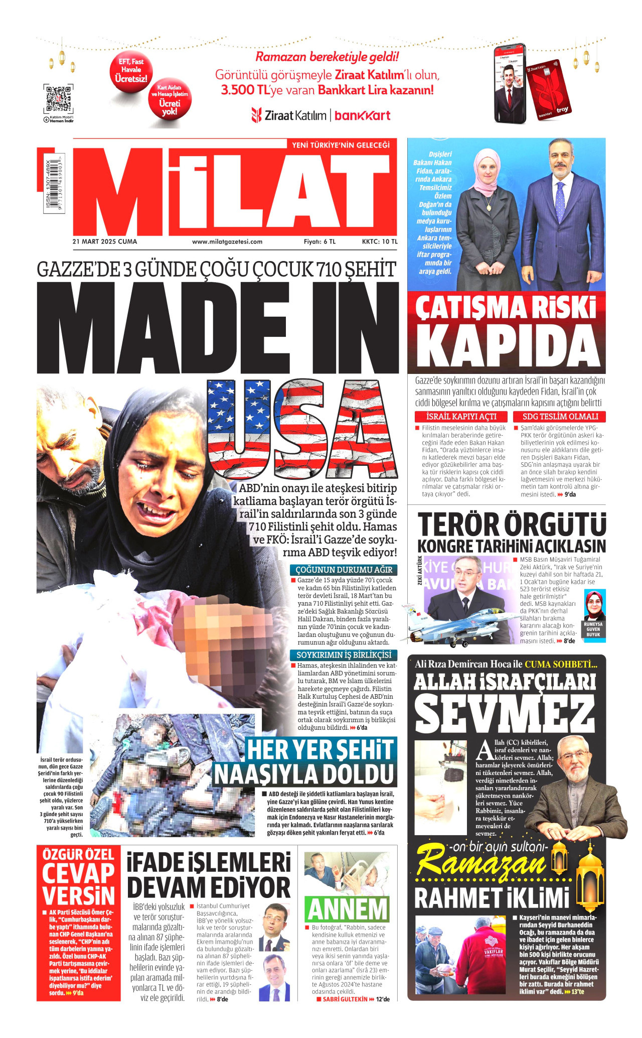 MİLAT gazetesinin 21 Mart 2025 tarihli birinci sayfası