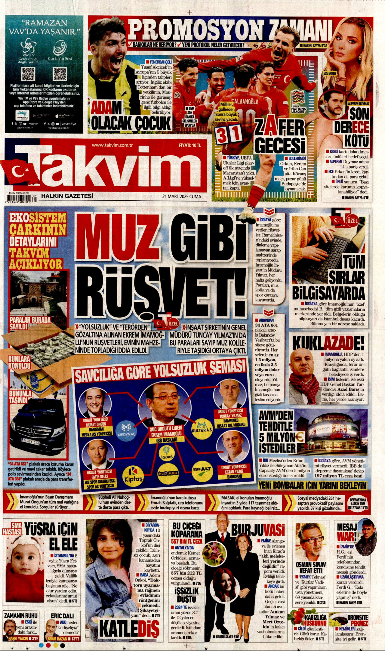 TAKVİM gazetesinin 21 Mart 2025 tarihli birinci sayfası