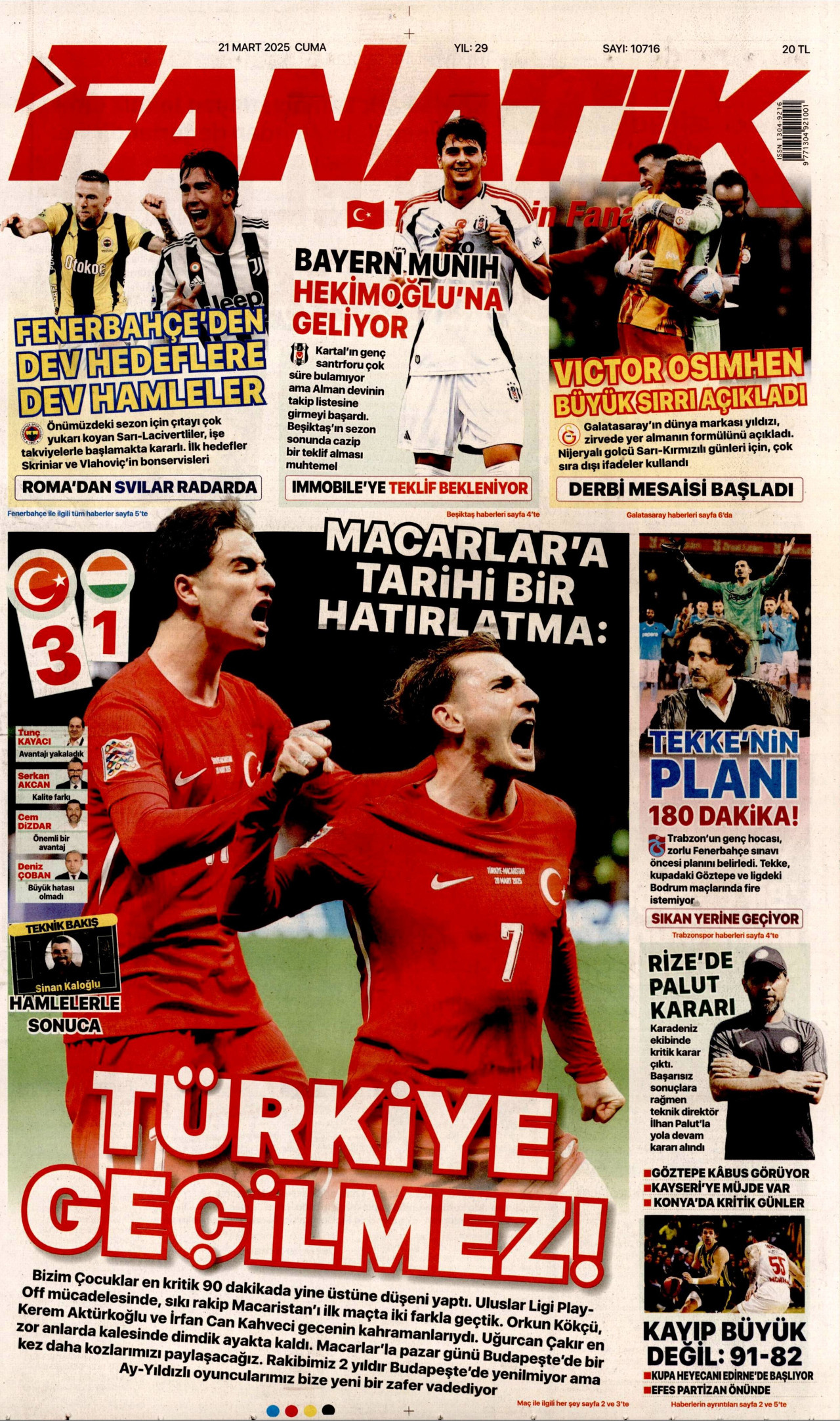 FANATİK gazetesinin 21 Mart 2025 tarihli birinci sayfası