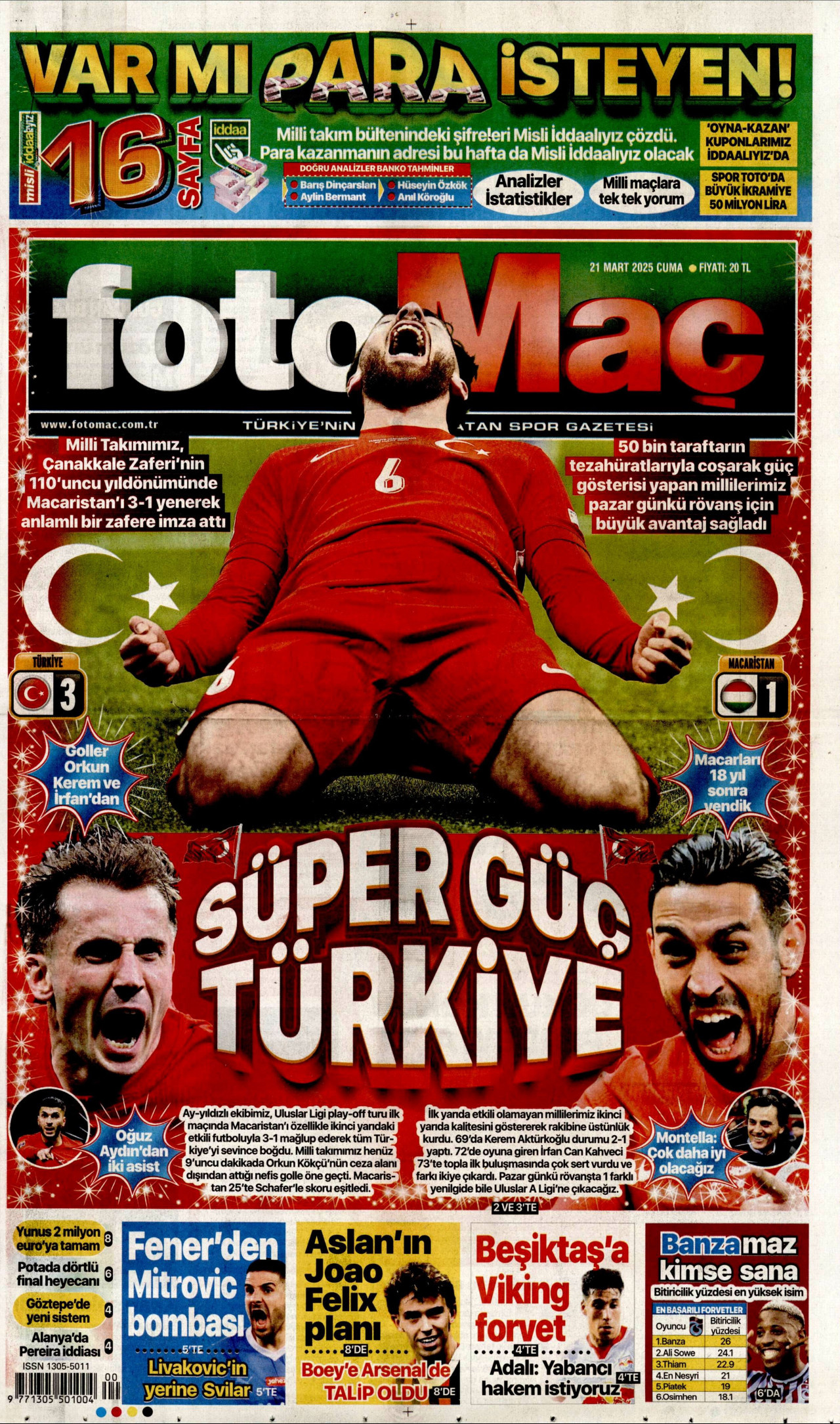 FOTOMAÇ gazetesinin 21 Mart 2025 tarihli birinci sayfası