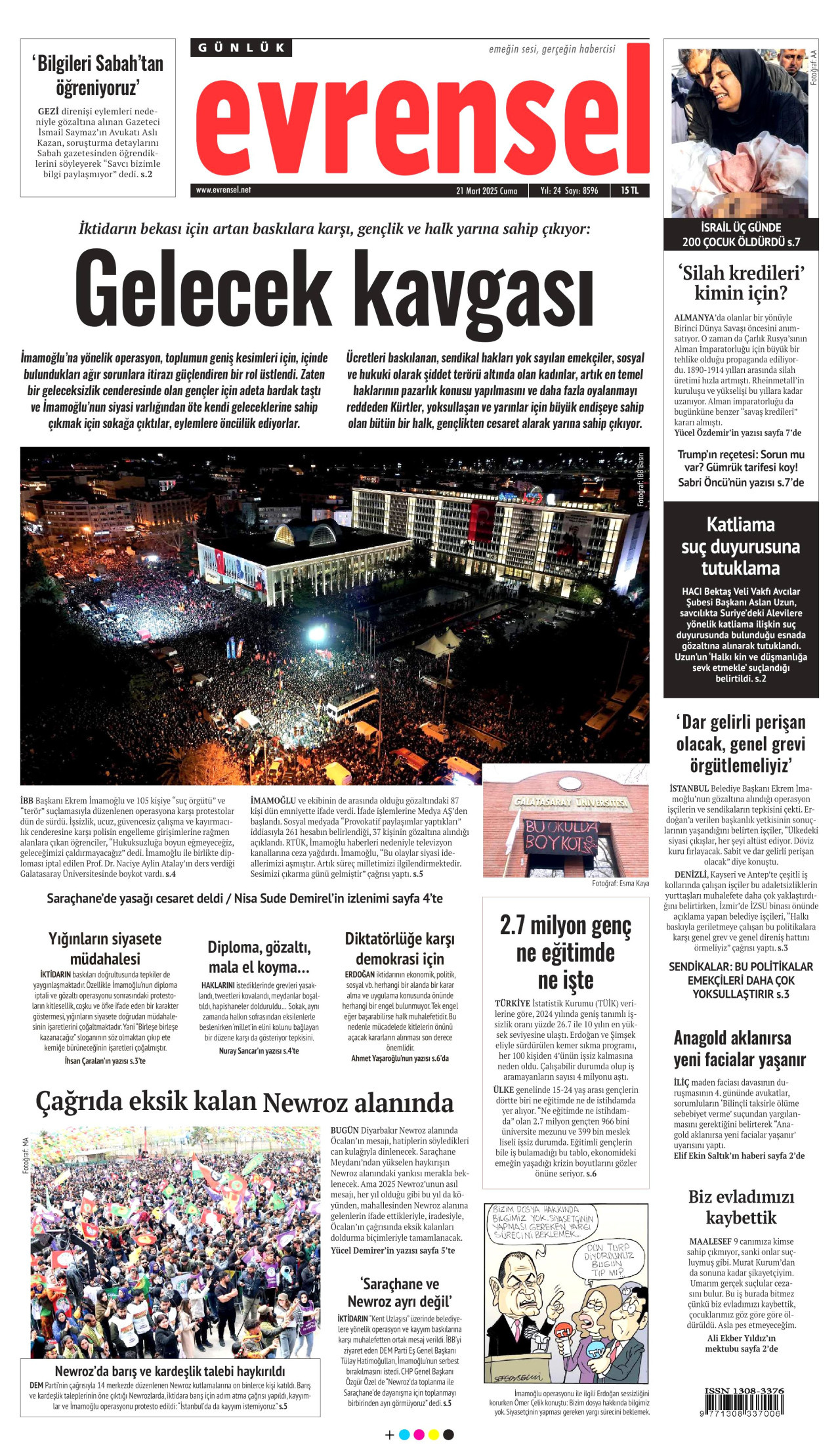 EVRENSEL gazetesinin 21 Mart 2025 tarihli birinci sayfası