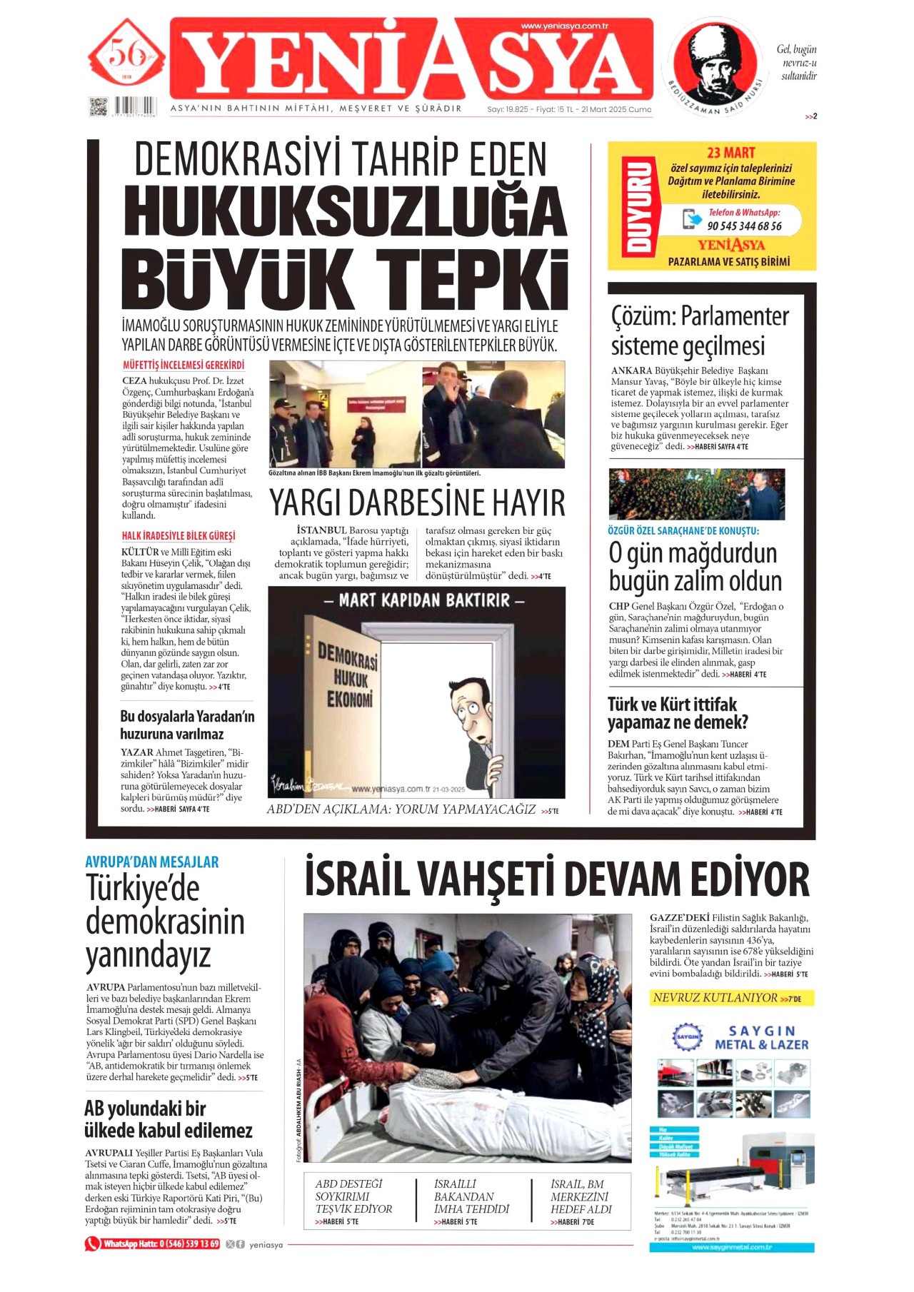 YENİ ASYA gazetesinin 21 Mart 2025 tarihli birinci sayfası
