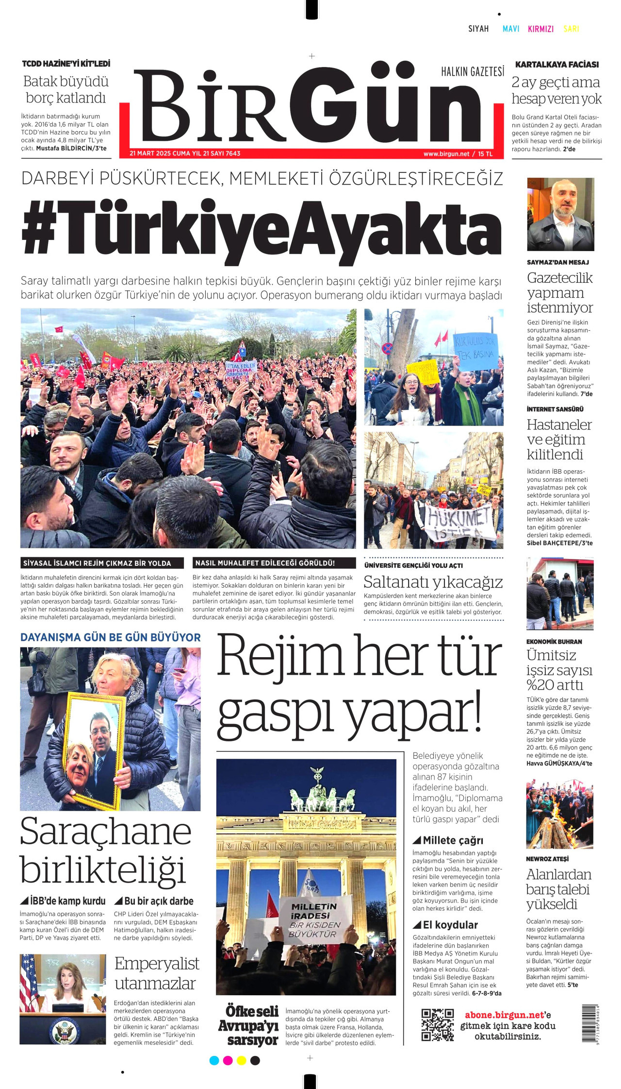 BİRGÜN gazetesinin 21 Mart 2025 tarihli birinci sayfası