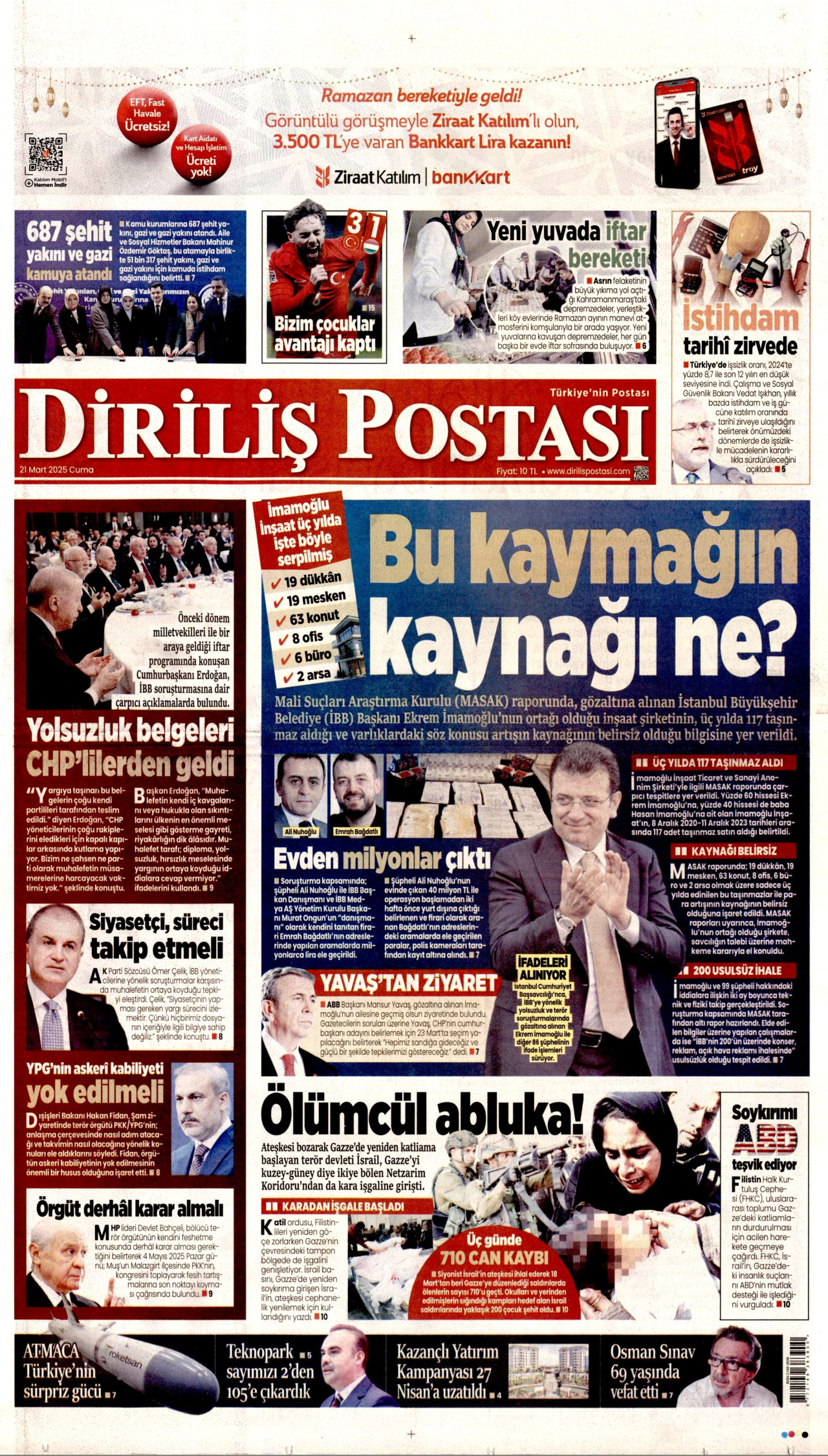 DİRİLİŞ POSTASI gazetesinin 21 Mart 2025 tarihli birinci sayfası
