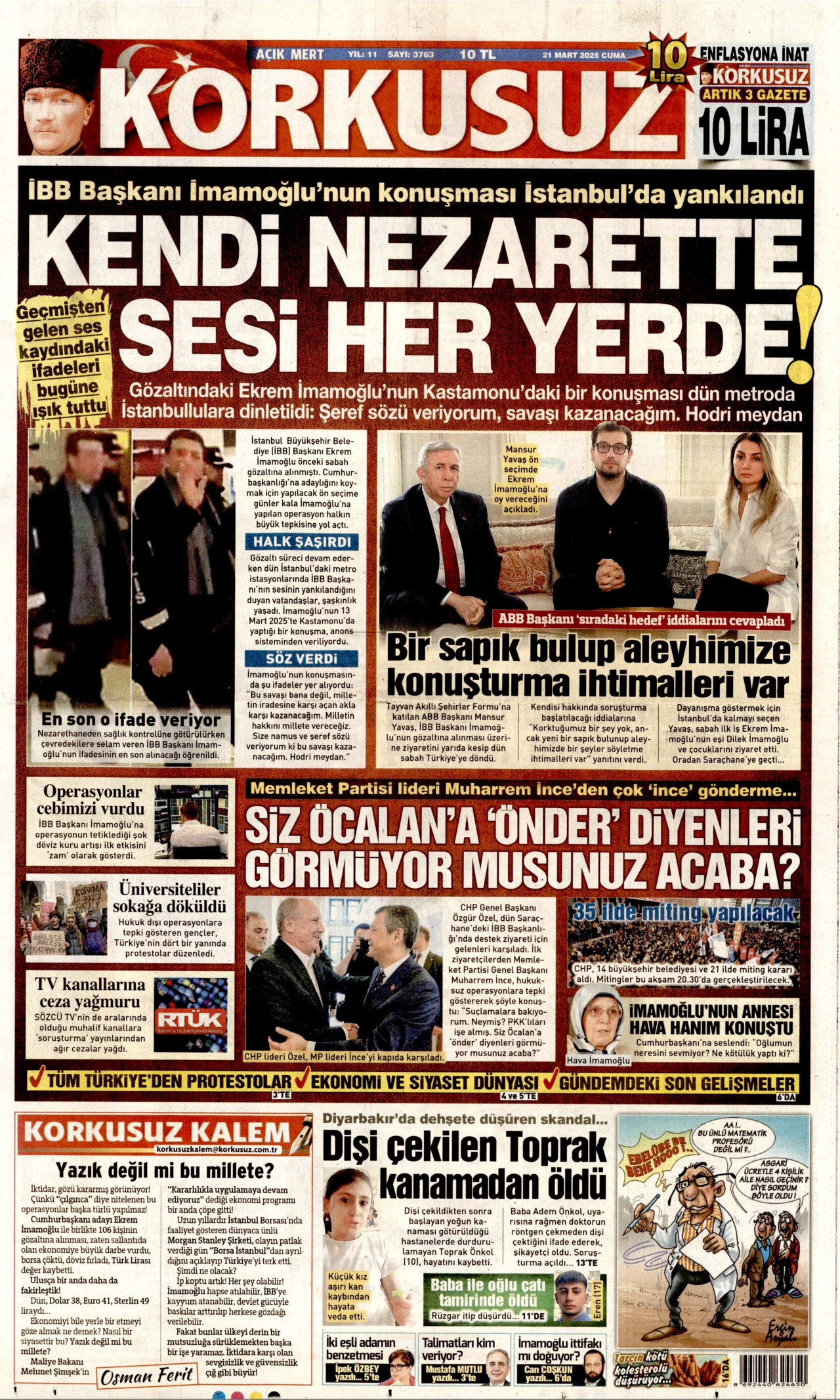 KORKUSUZ gazetesinin 21 Mart 2025 tarihli birinci sayfası