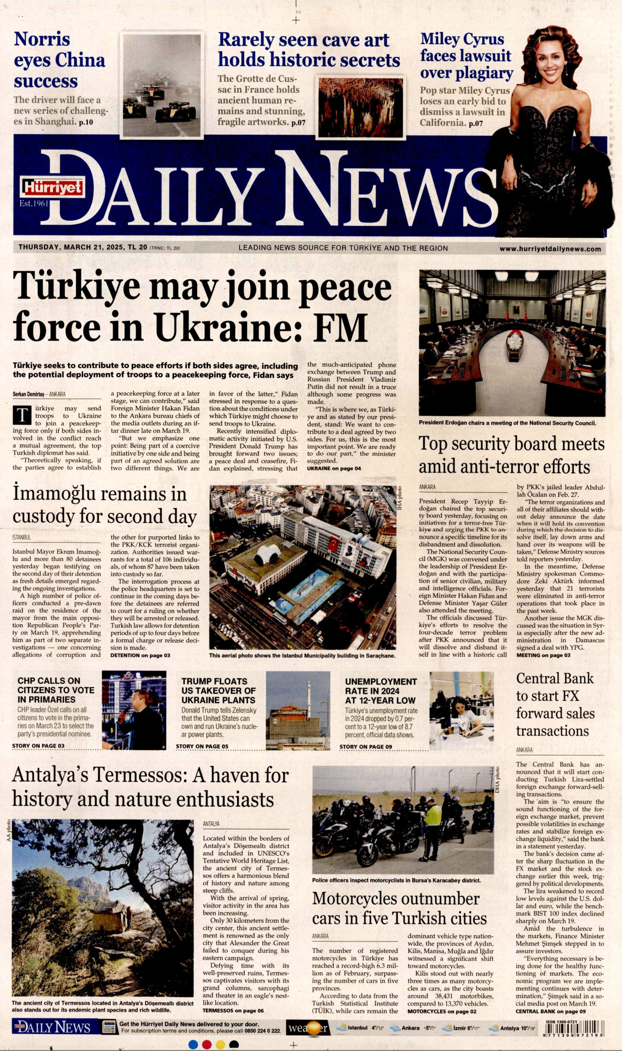 HÜRRİYET DAİLY NEWS gazetesinin 21 Mart 2025 tarihli birinci sayfası