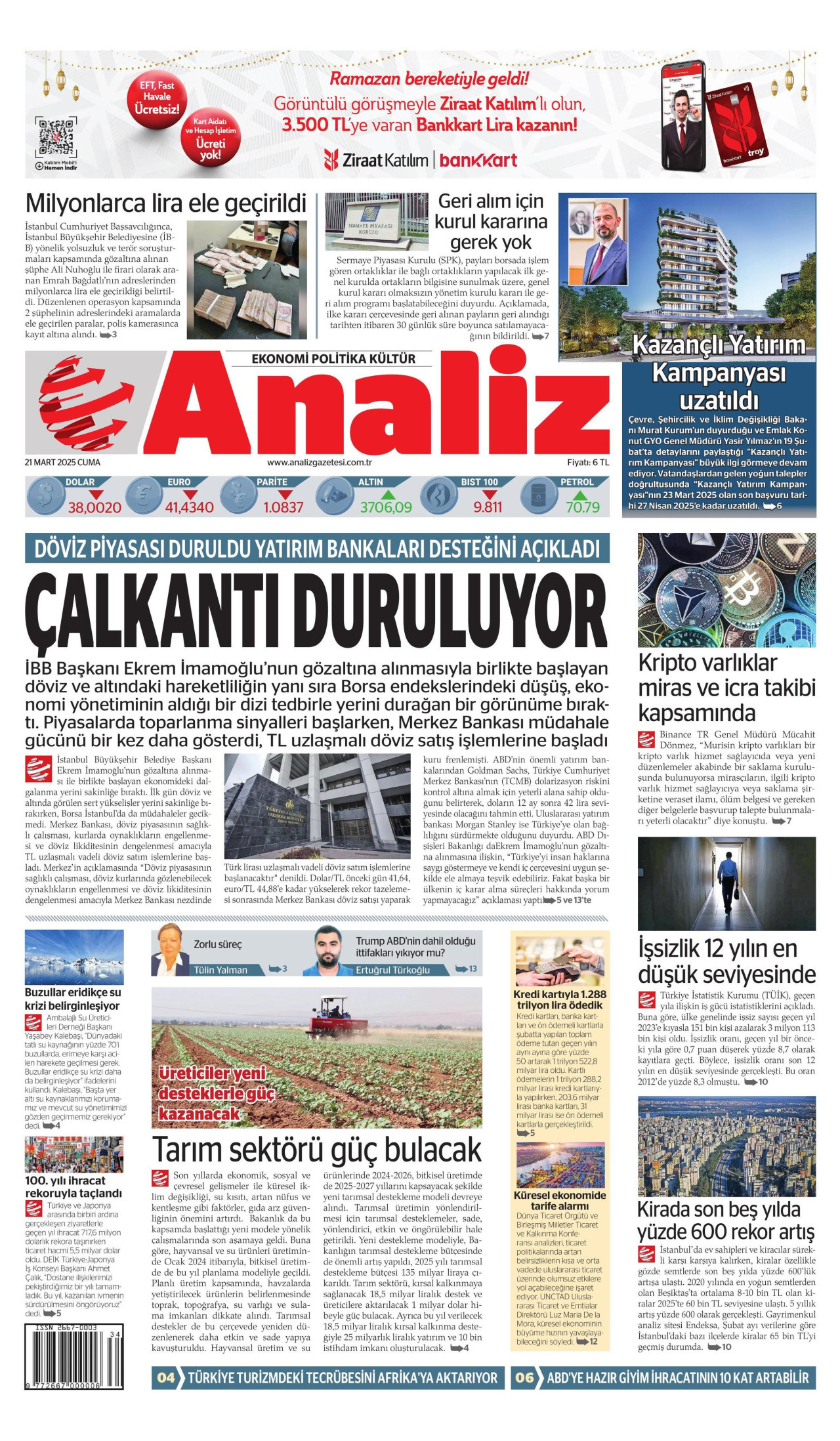 ANALİZ gazetesinin 21 Mart 2025 tarihli birinci sayfası
