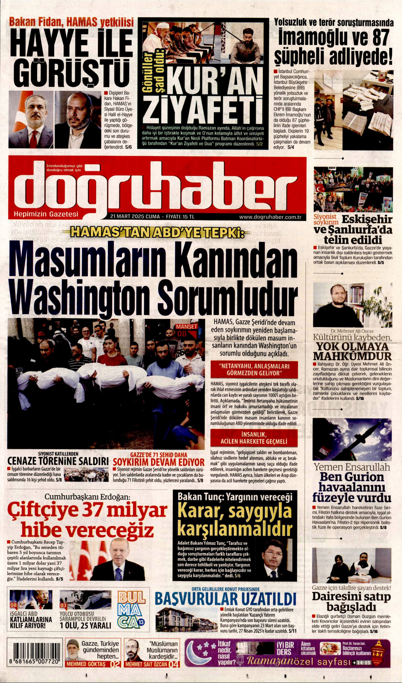 DOĞRU HABER gazetesinin 21 Mart 2025 tarihli birinci sayfası