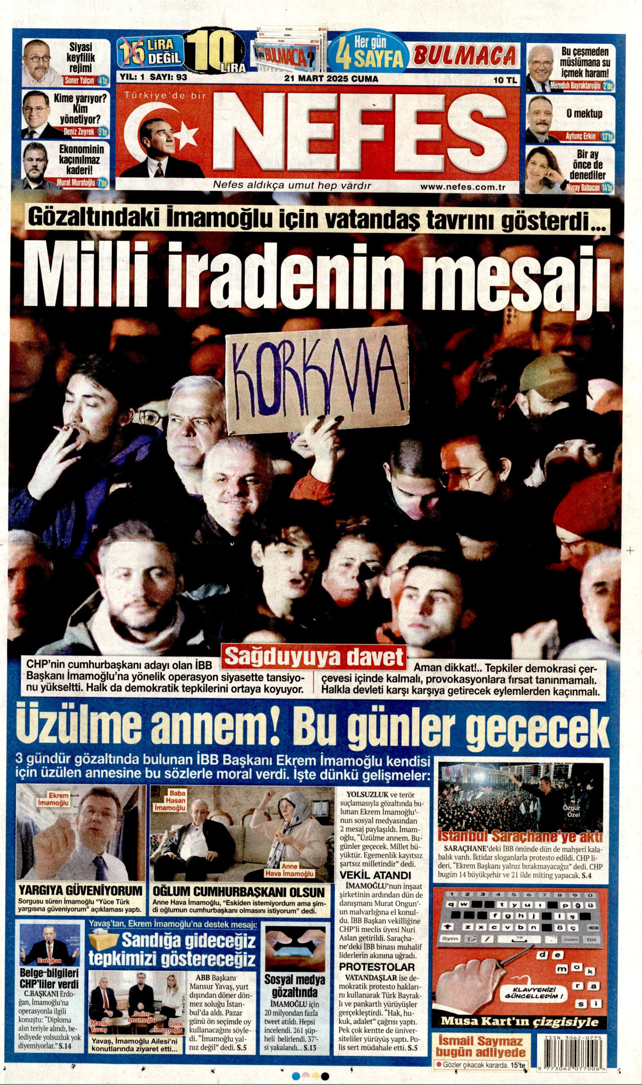 NEFES gazetesinin 21 Mart 2025 tarihli birinci sayfası