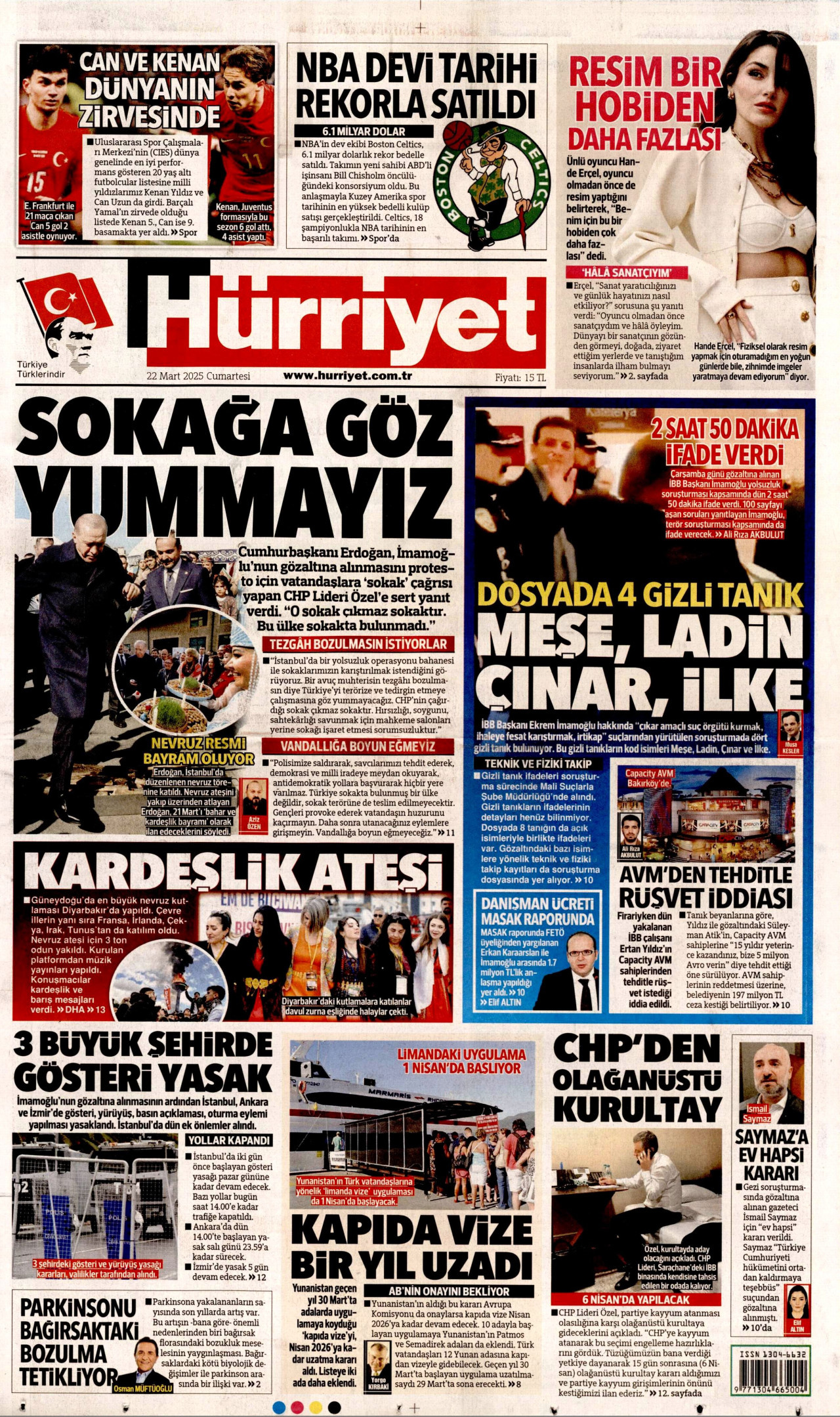 HÜRRİYET gazetesinin 22 Mart 2025 tarihli birinci sayfası