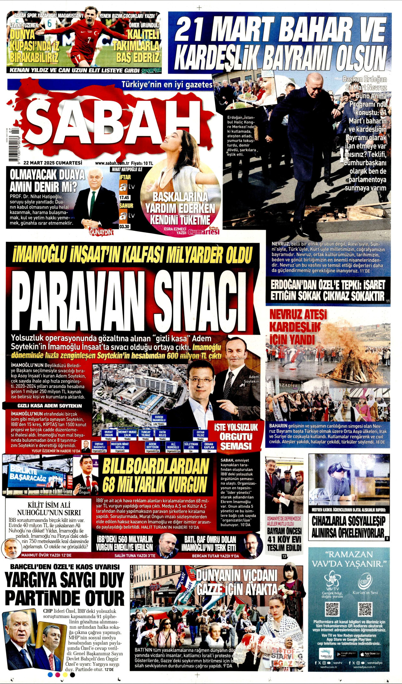 SABAH gazetesinin 22 Mart 2025 tarihli birinci sayfası