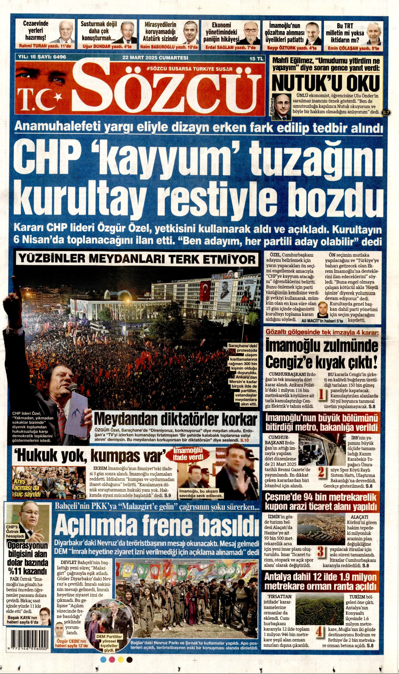 SÖZCÜ gazetesinin 22 Mart 2025 tarihli birinci sayfası