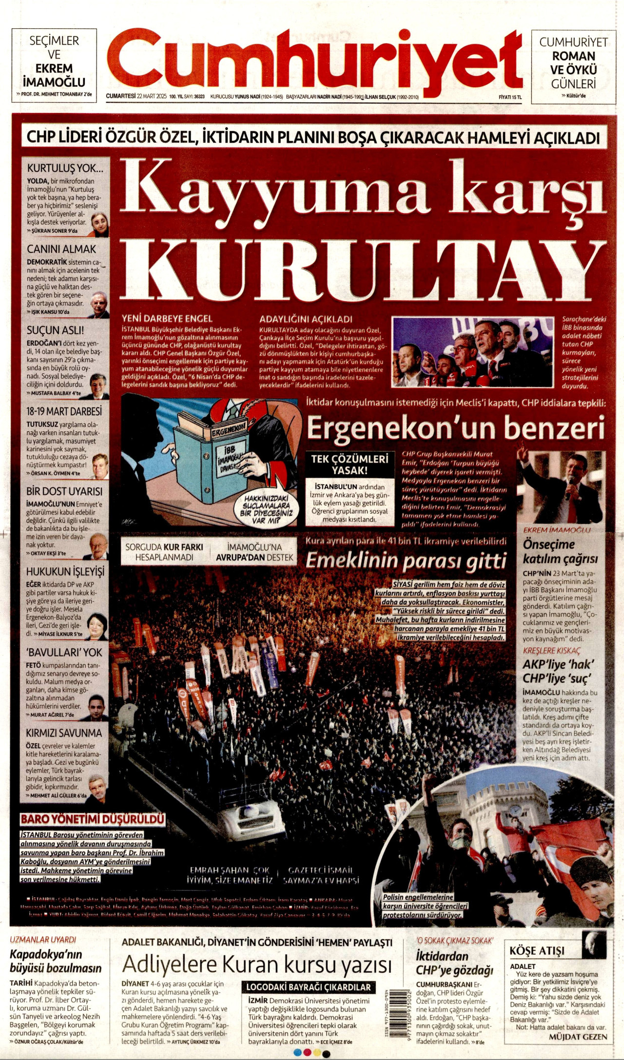 CUMHURİYET gazetesinin 22 Mart 2025 tarihli birinci sayfası