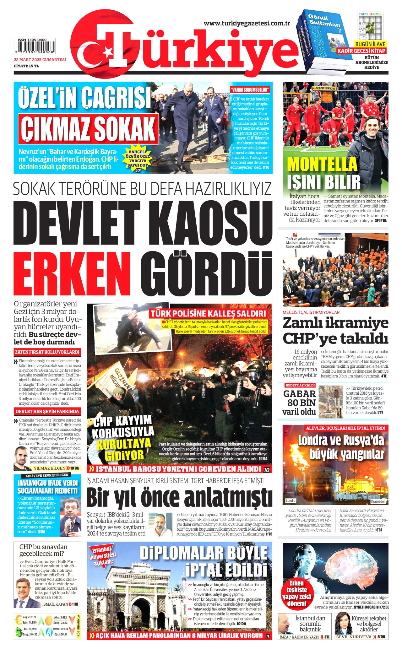 TÜRKİYE GAZETESİ gazetesinin 22 Mart 2025 tarihli birinci sayfası