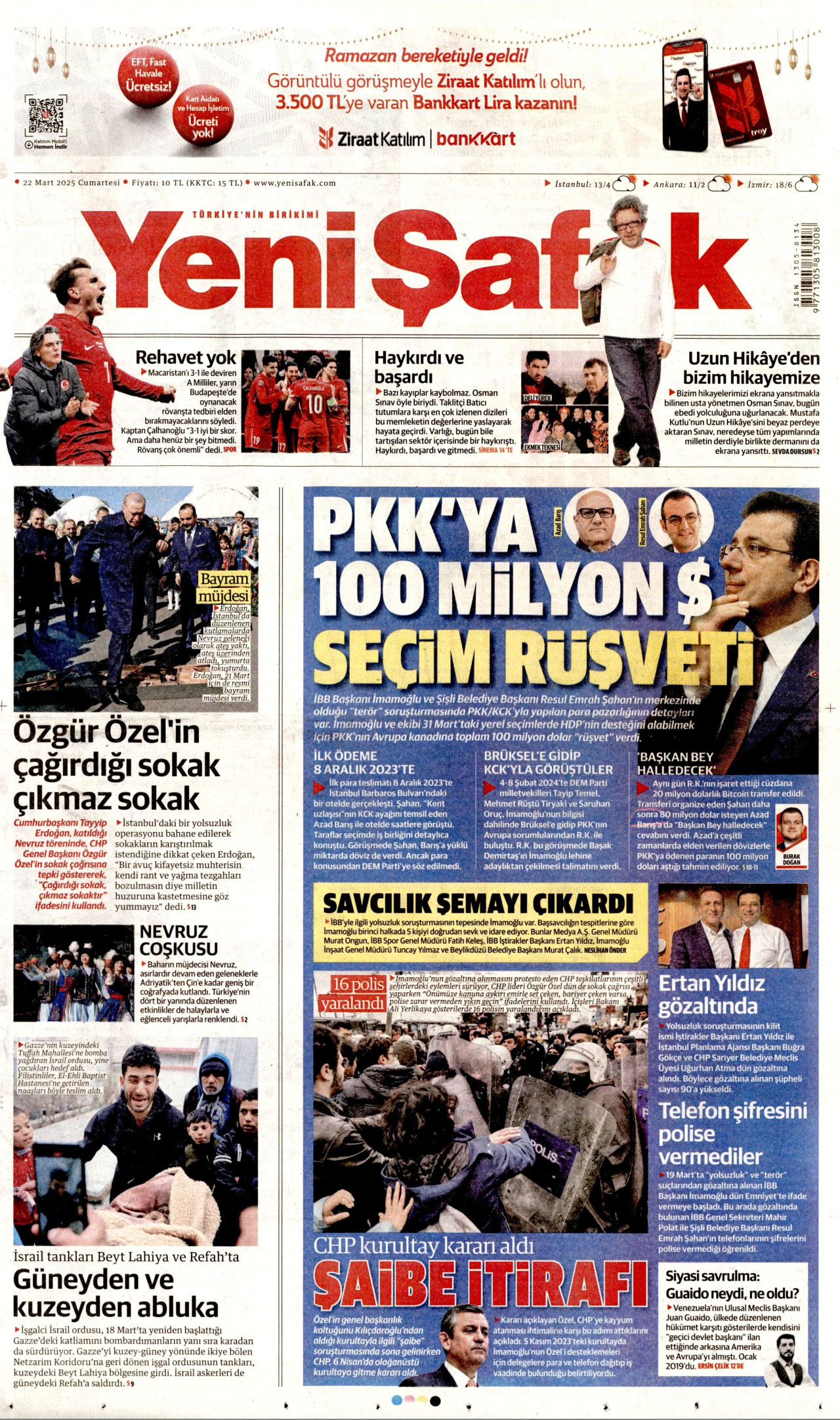 YENİ ŞAFAK gazetesinin 22 Mart 2025 tarihli birinci sayfası