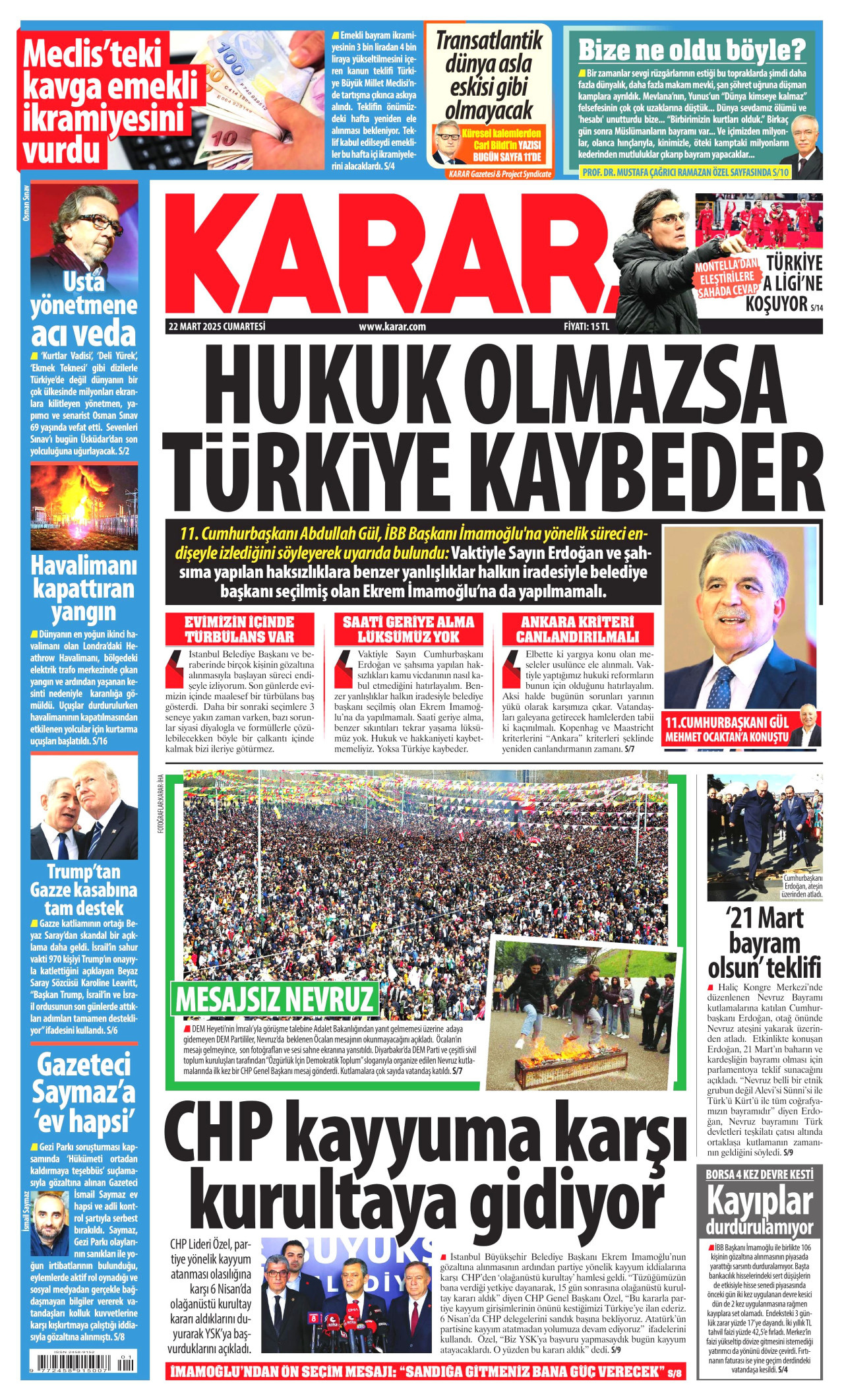 KARAR gazetesinin 22 Mart 2025 tarihli birinci sayfası