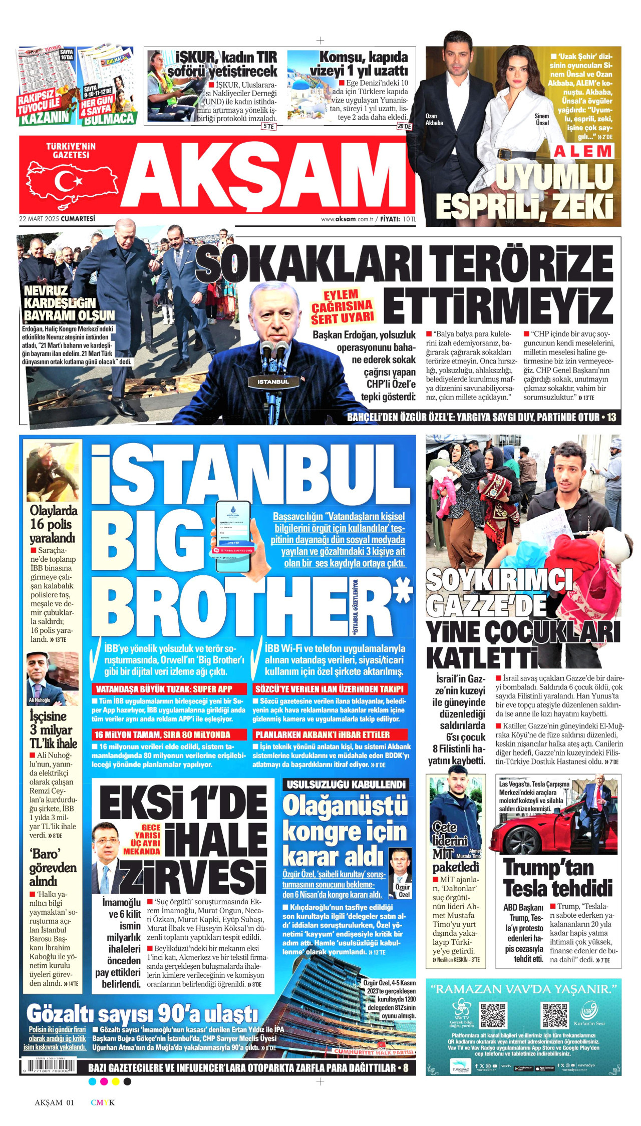 AKŞAM gazetesinin 22 Mart 2025 tarihli birinci sayfası
